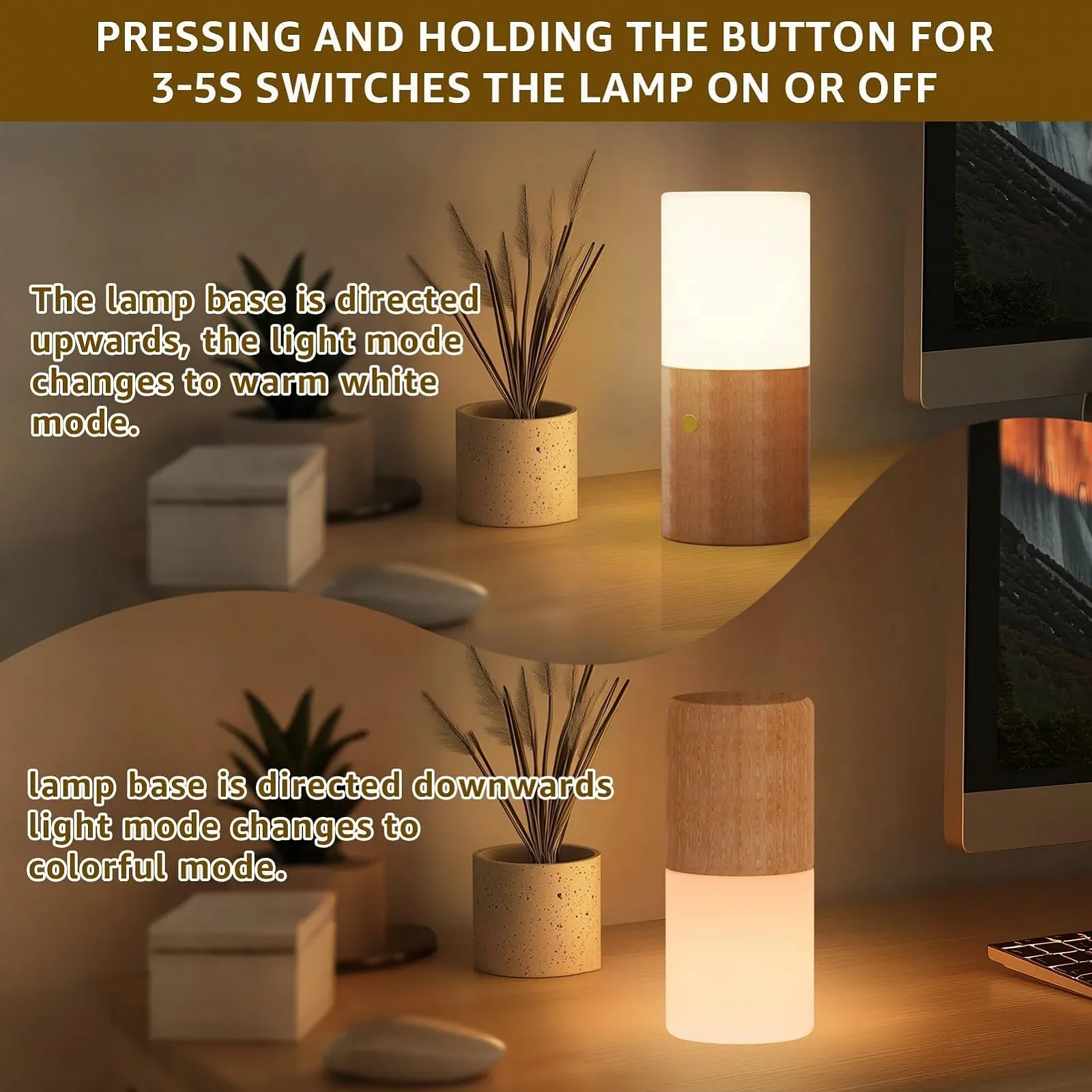 Настольная лампа MALUX светодиодная беспроводная сенсорная с 8 цветами RGB и деревянным основанием, фото №3