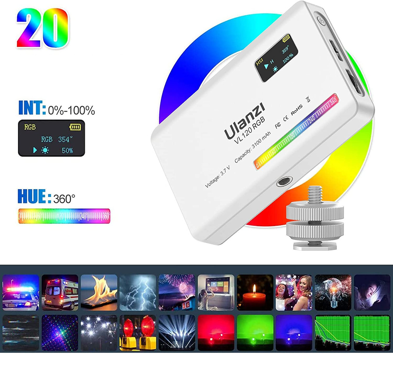 Накамерне світло RGB HUE 360 2500-9000К Ulanzi VL120RGB White, фото №3