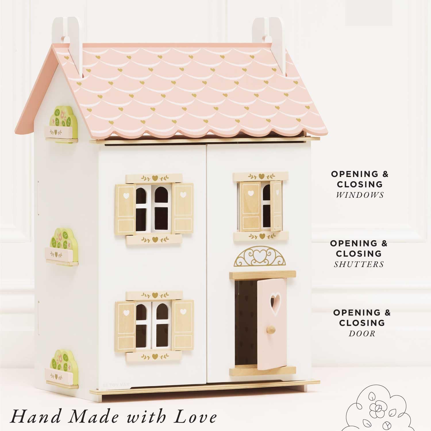 Кукольный домик Le Toy Van Rose Heart 3 года 2 уровня L 44 x D 36 x H 66 см деревянный для девочек с дверцами, окнами и ставнями, которые открываются, фото №3