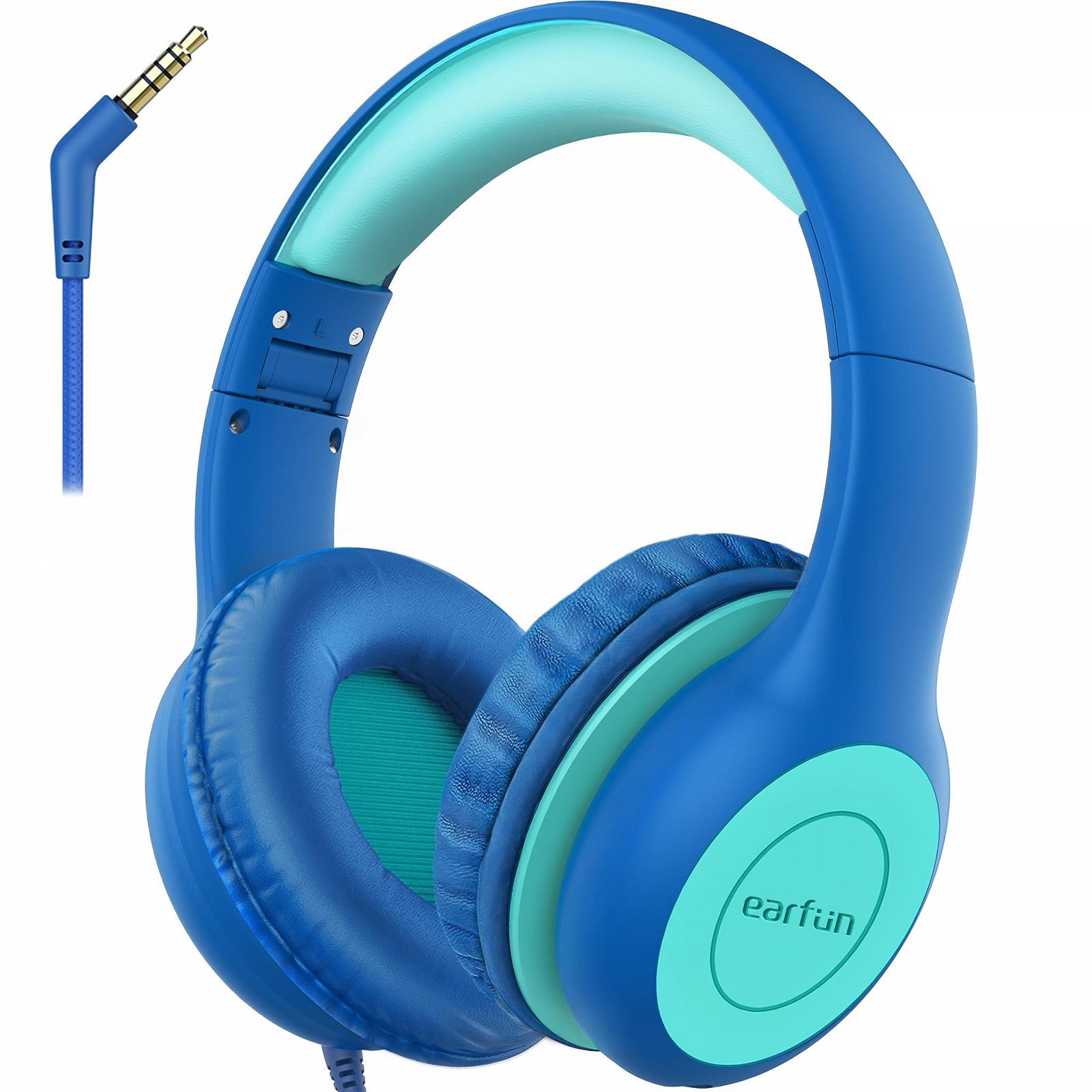 Накладные детские наушники EarFun с кабелем, ограничитель громкости 85 дБ, совместный аудио-доступ, складные, регулируемые, стерео звук, голубые, фото №1