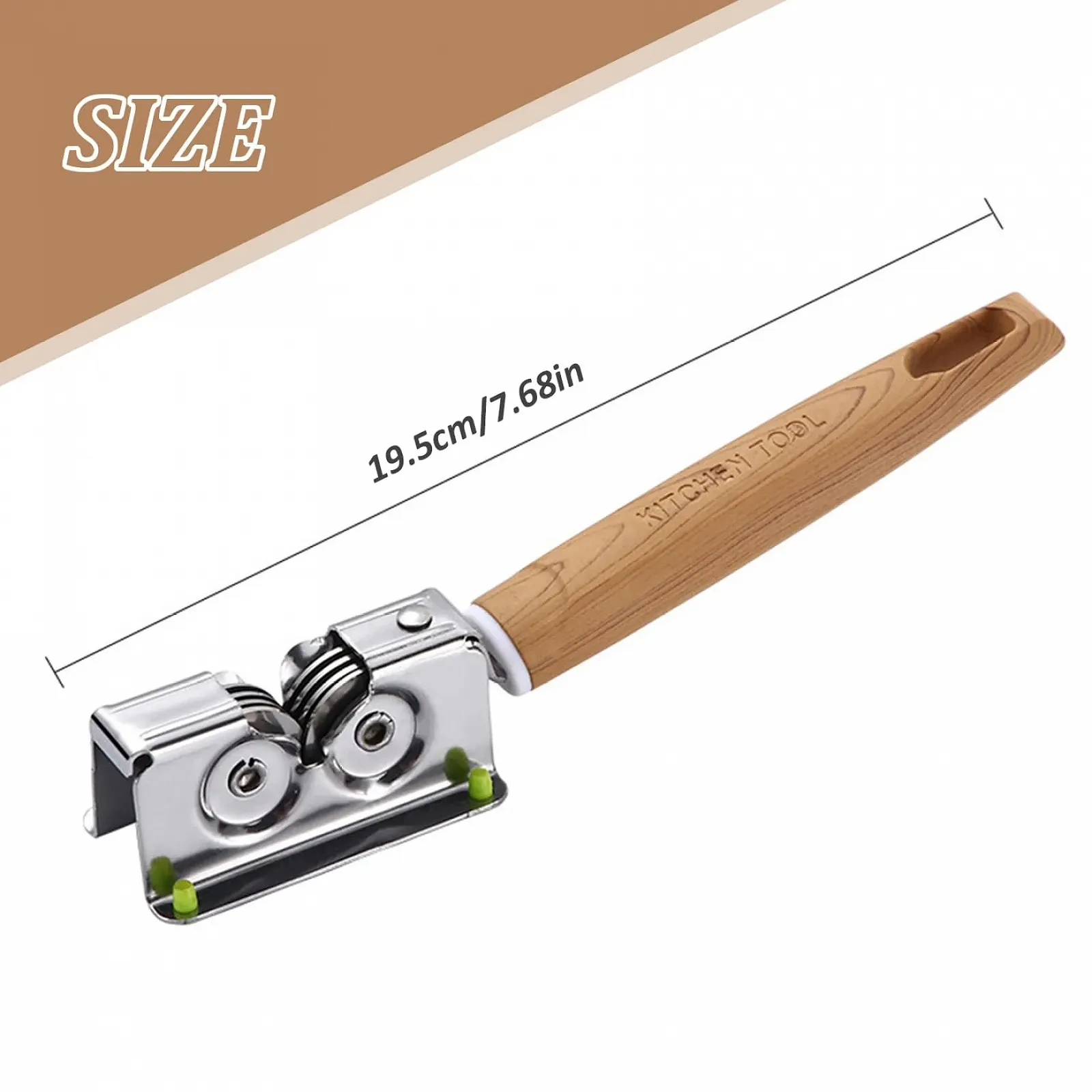 Точилка для ножів ручна 7.7 дюймів нержавіюча сталь роликова з отвором для підвішування та ручкою з деревним візерунком, фото №3