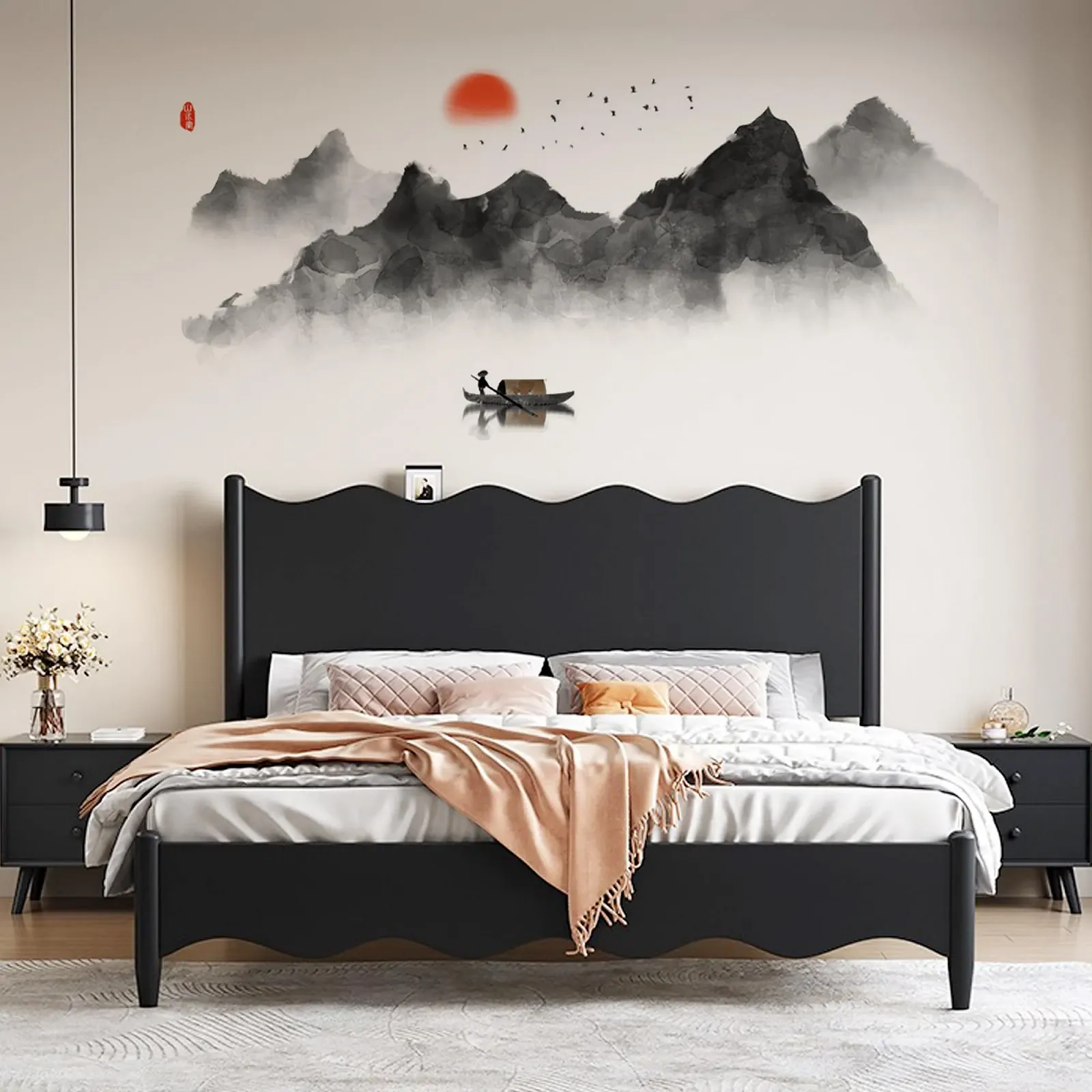 Наклейка на стену duoyif Mountains Silhouette Rivers Birds Moon Fishing Boat 144 x 72 см Черный, фото №6