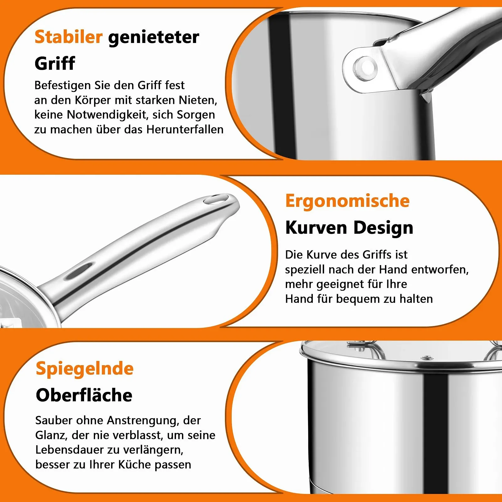 Кастрюля TEAMFAR Малая из нержавеющей стали для молока 14 см Индукционная со стеклянной крышкой 3-слойное дно для всех плит 0.9 л, фото №5