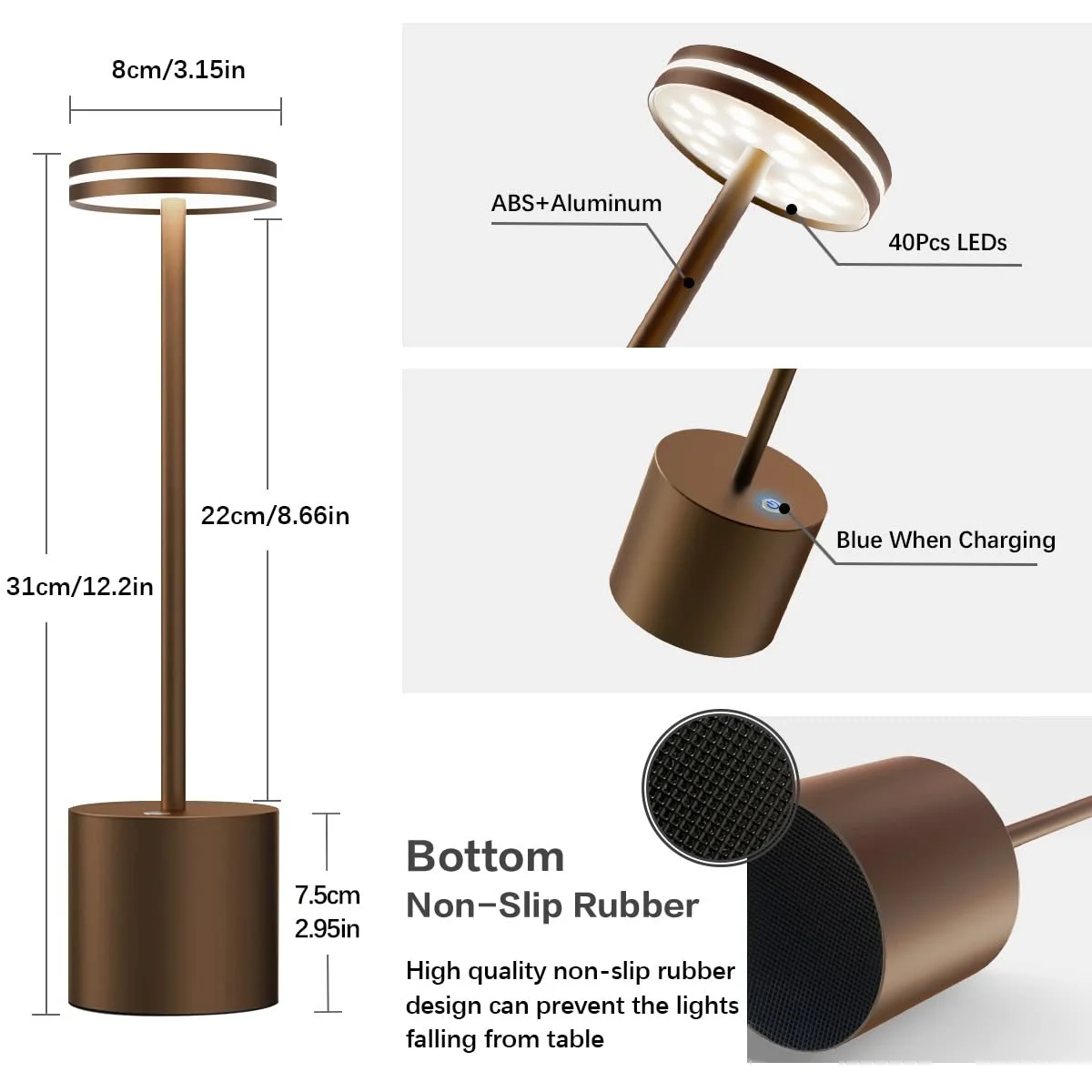 Настільна лампа LED Wireless Battery 5000 mAh Rechargeable Dimmable 3 Colour Temperatures USB Touch Brown, фото №6