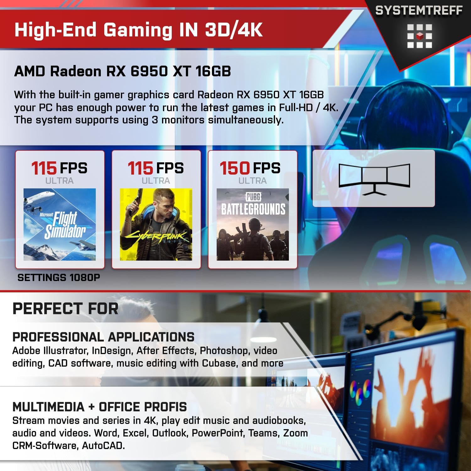 Настільний комп'ютер SYSTEMTREFF Gaming PC AMD Ryzen 7 7800X3D 8x5GHz AMD Radeon RX 6950 XT 1TB M.2 NVMe 32GB DDR5 RAM WLAN, фото №5