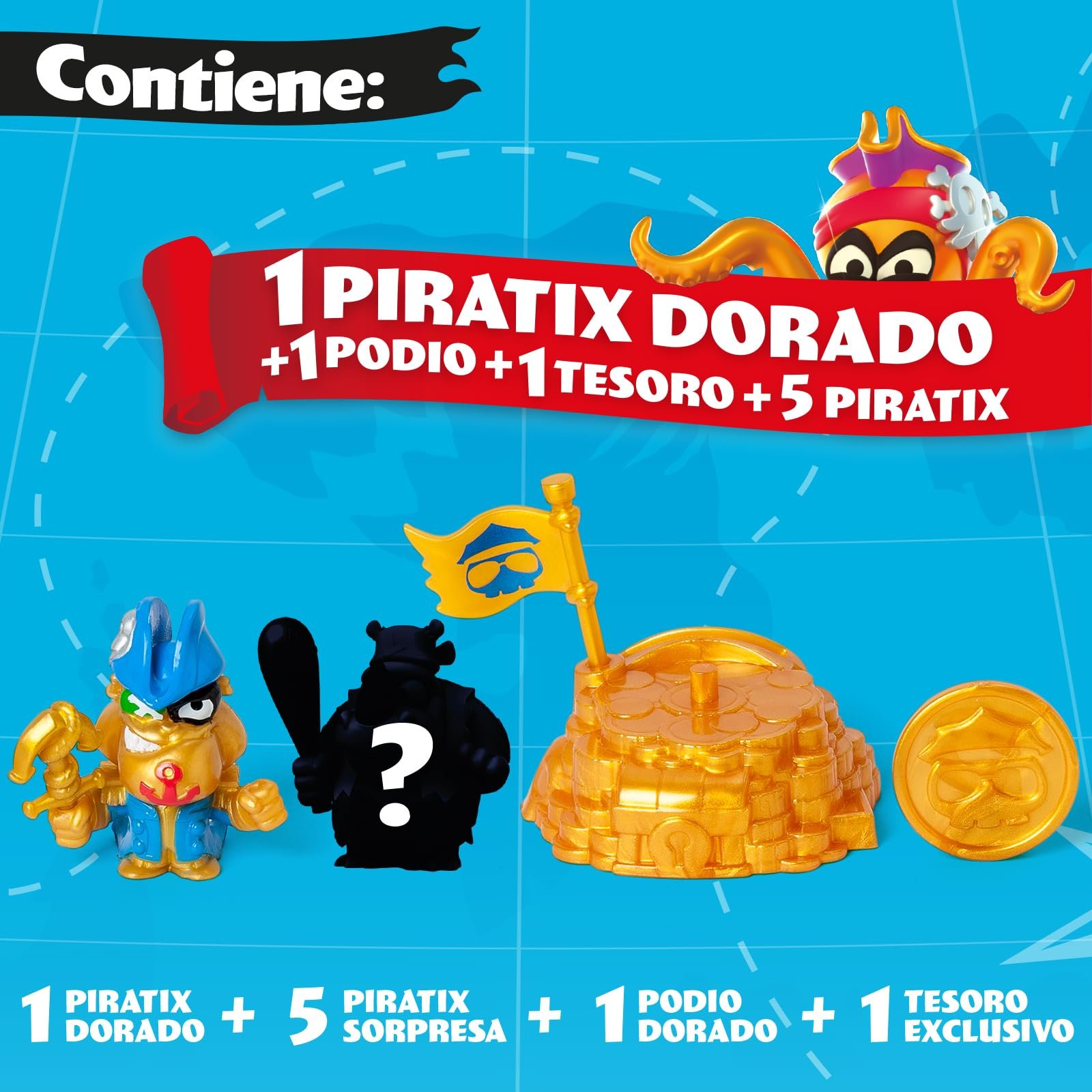 Игровая Фигурка PIRATIX ADVENTURE WORLD Golden Treasure Series Gold Pack The Rebels Crew, 5 Piratix Сюрприз, 1 Эксклюзивное Сокровище, 1 Эксклюзивный Флаг, 1 Подиум, 6 Аксессуаров, Капитан Golden Ollie, фото №2