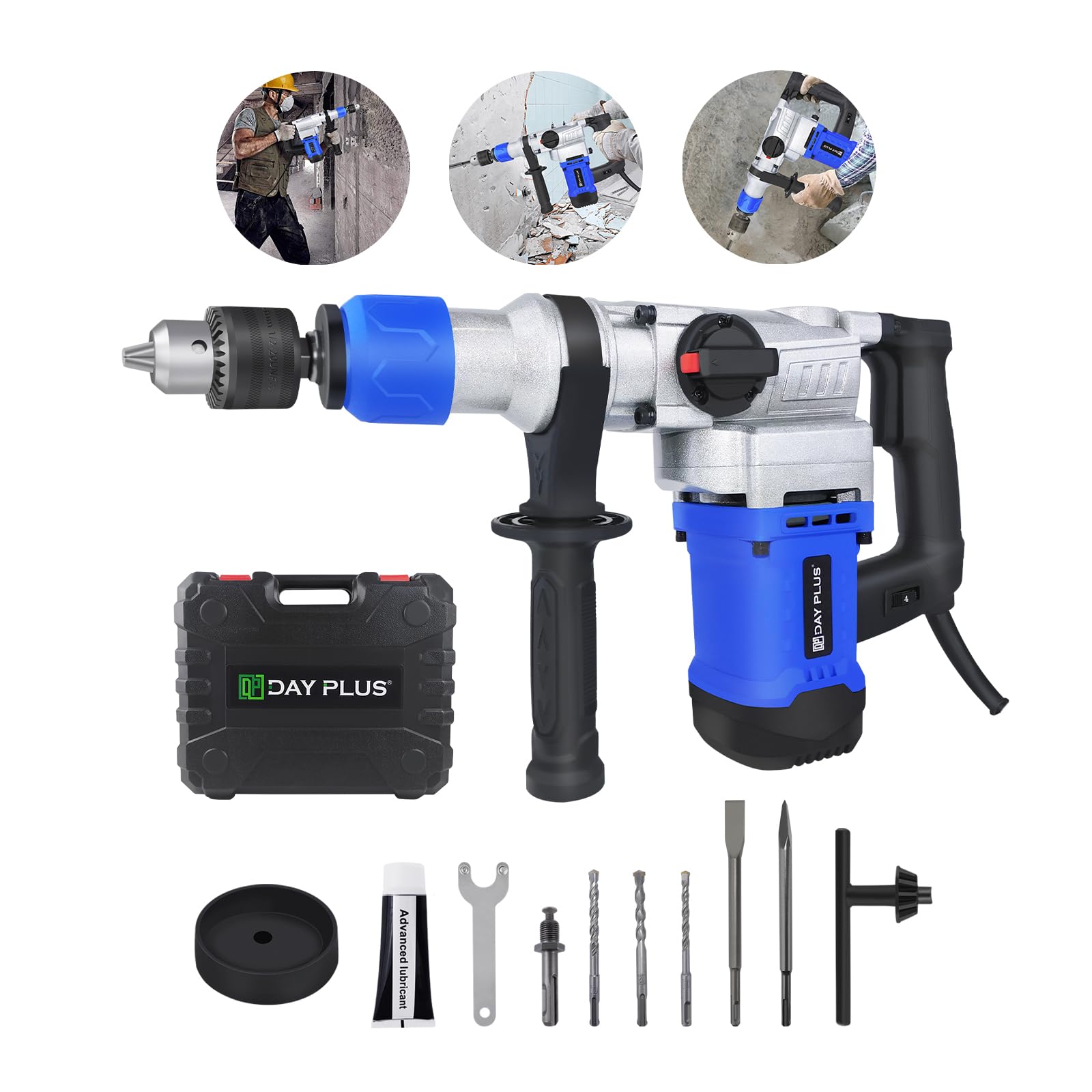 Перфоратор 3 Дрелі та 2 Долота 1080 Ват 3 Функції Допоміжна Ручка з Обертанням на 360°, фото №1