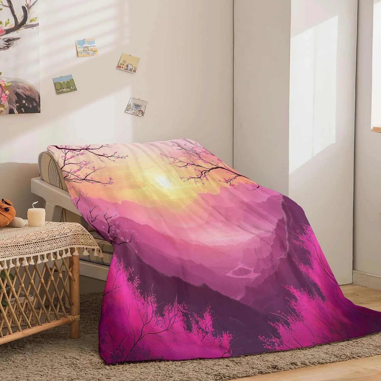 Фланелевое одеяло Плюшевое розовое фланелевое одеяло Теплое Dream Sunset Plum Blossom 3D Printed Blanket - All Seasons Children's Bed Linen Фланелевые пледы 200 x 220 см, фото №5