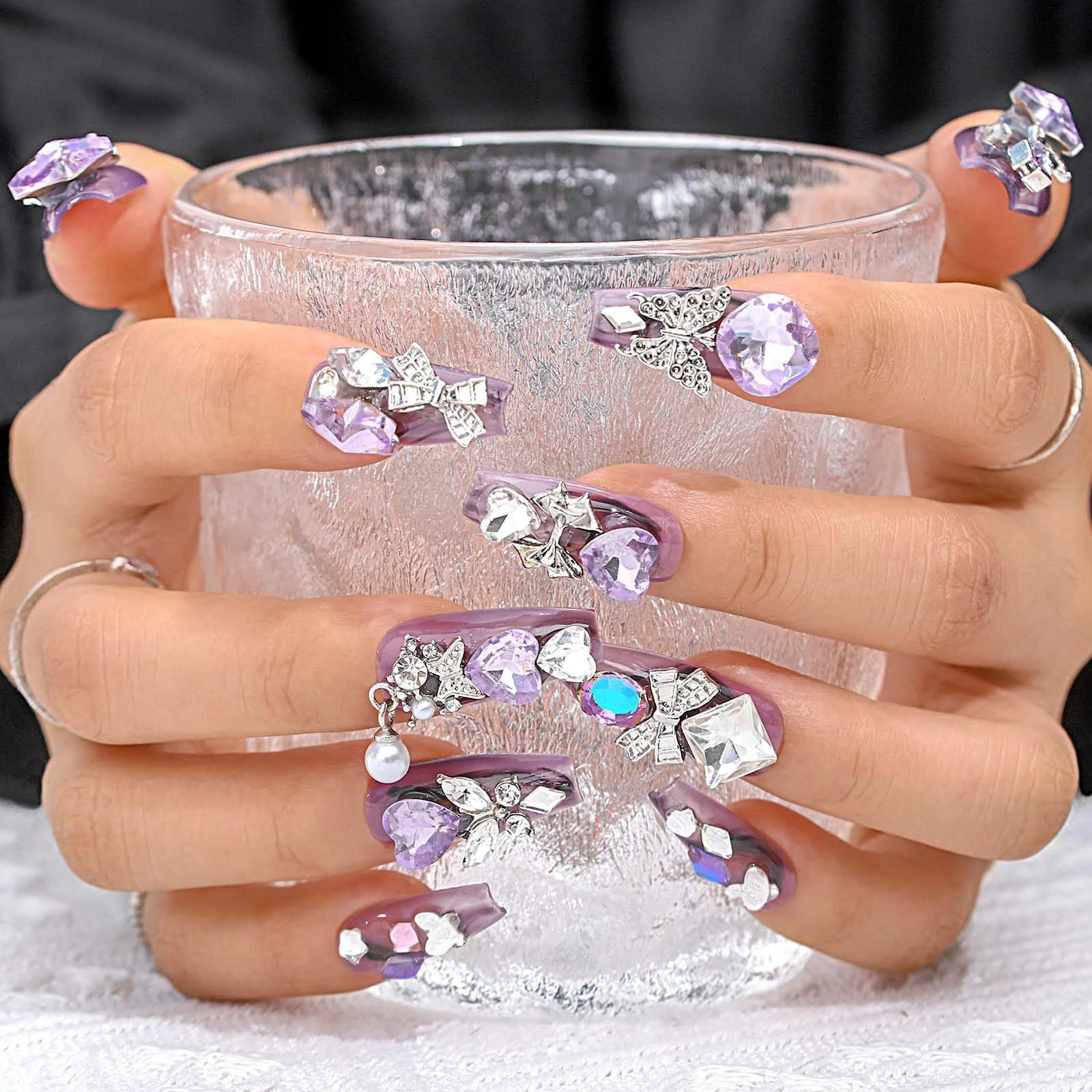 Накладные ногти Sethexy Длинные гробы с фиолетовыми стразами, 3D кристаллы, акрил, 20 шт (Q), фото №3