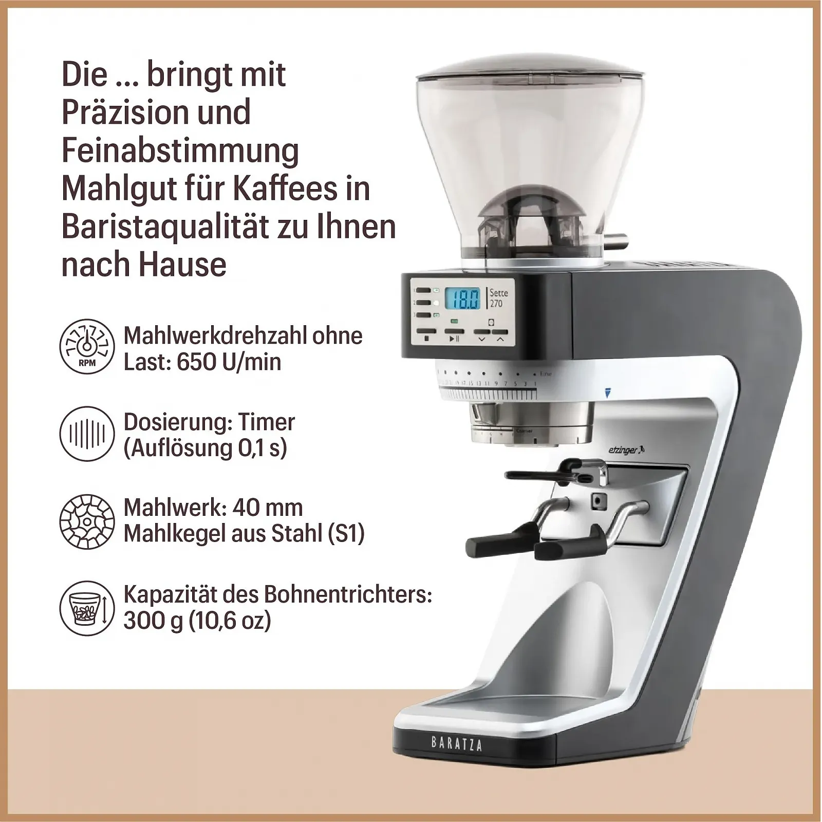 Кавомолка Baratza Sette 270 230V електрична з таймером для портафільтра індивідуальні налаштування, легко чистити чорна, фото №2