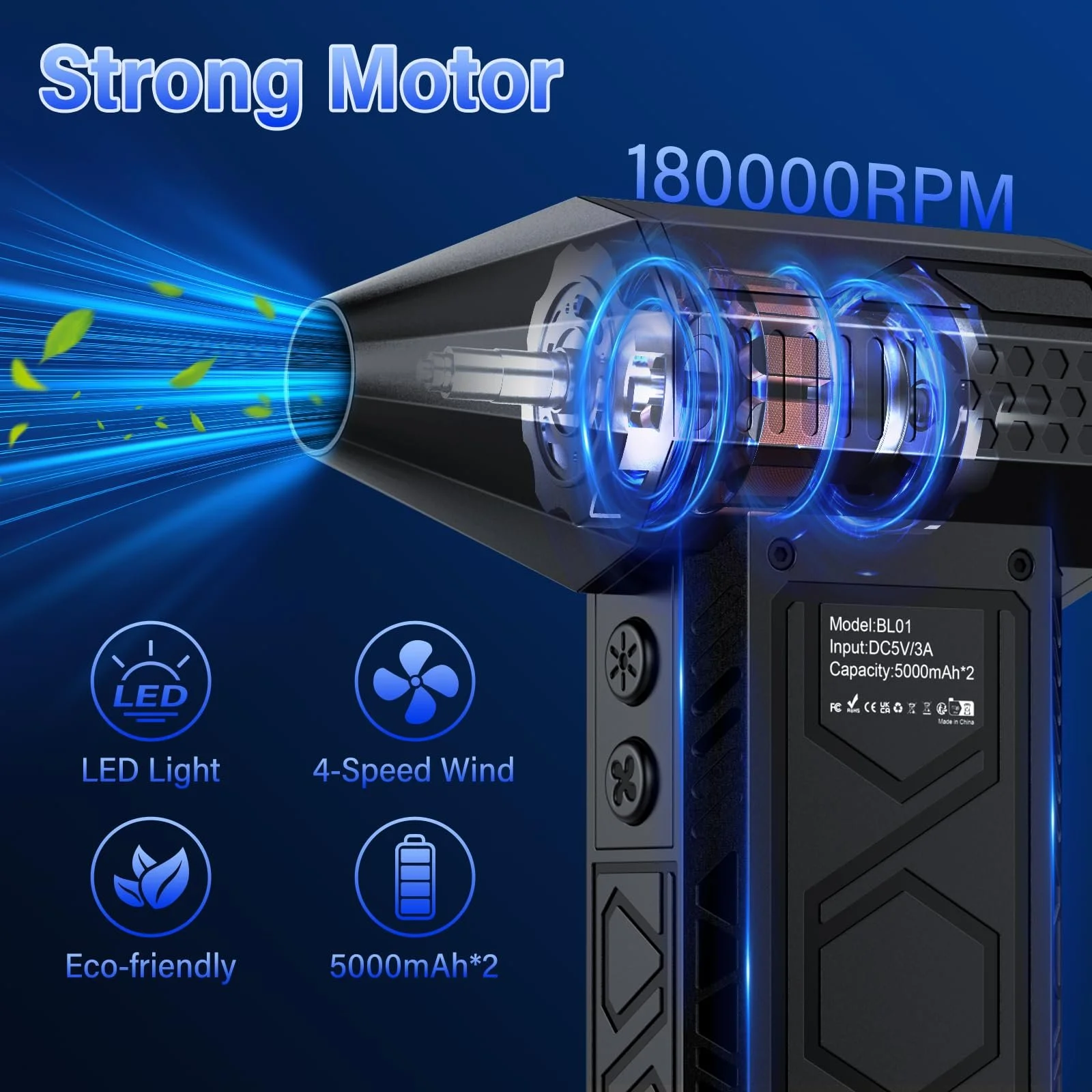 Електрична повітродувка 2025 New Model 180000 RPM 4 швидкості з ліхтариком, фото №3