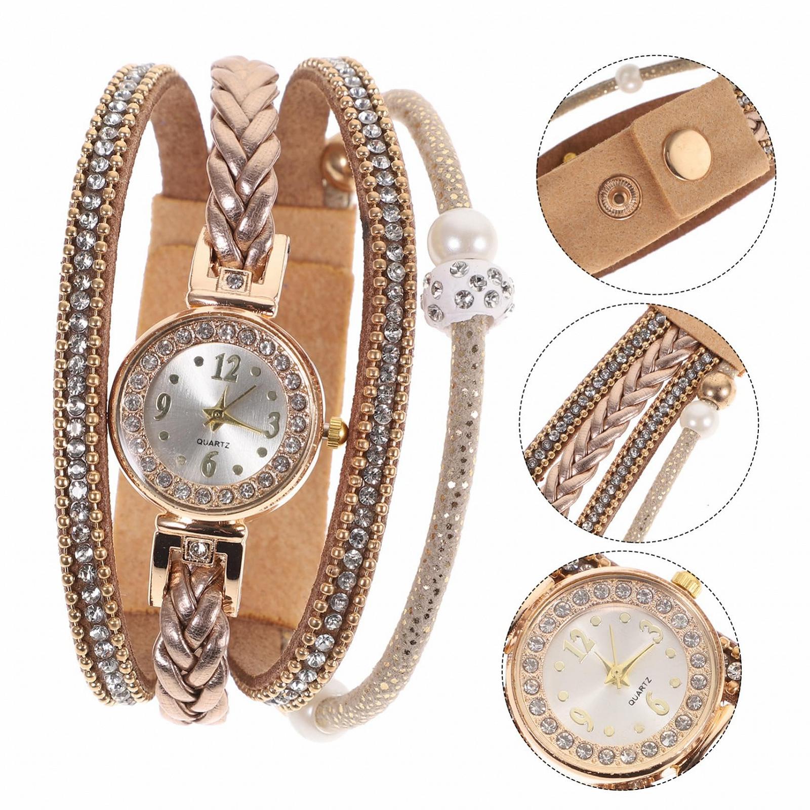 Часы-браслет VALICLUD Черный с плетеным браслетом, кристаллами и белыми бусинами, фото №6