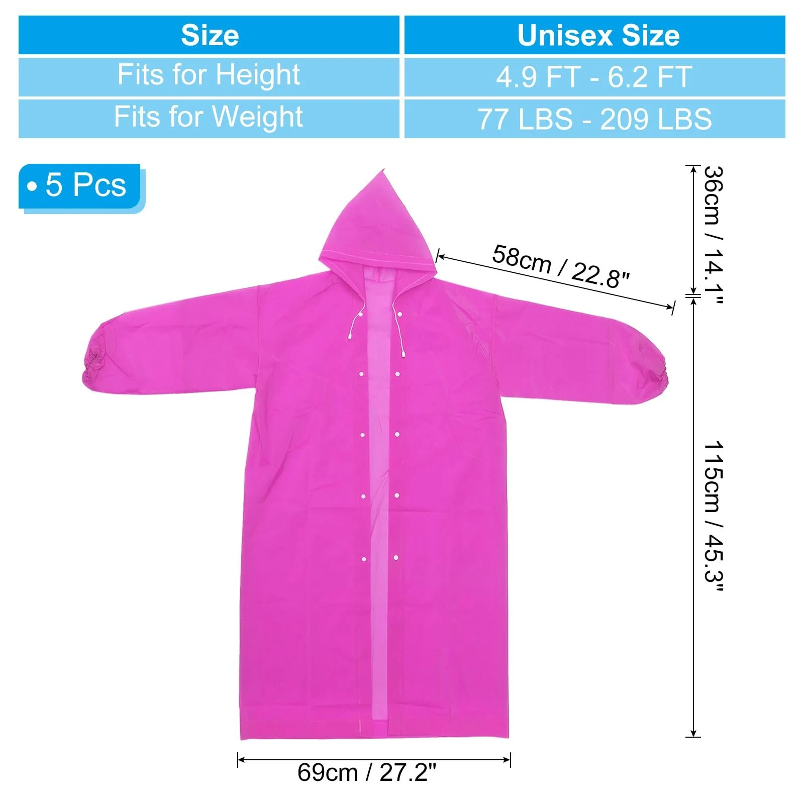 Пончо дощове PATIKIL для дорослих, 5 шт, легке, багаторазове, EVA, для велоспорту, походів, активного відпочинку, рожеве, фото №2