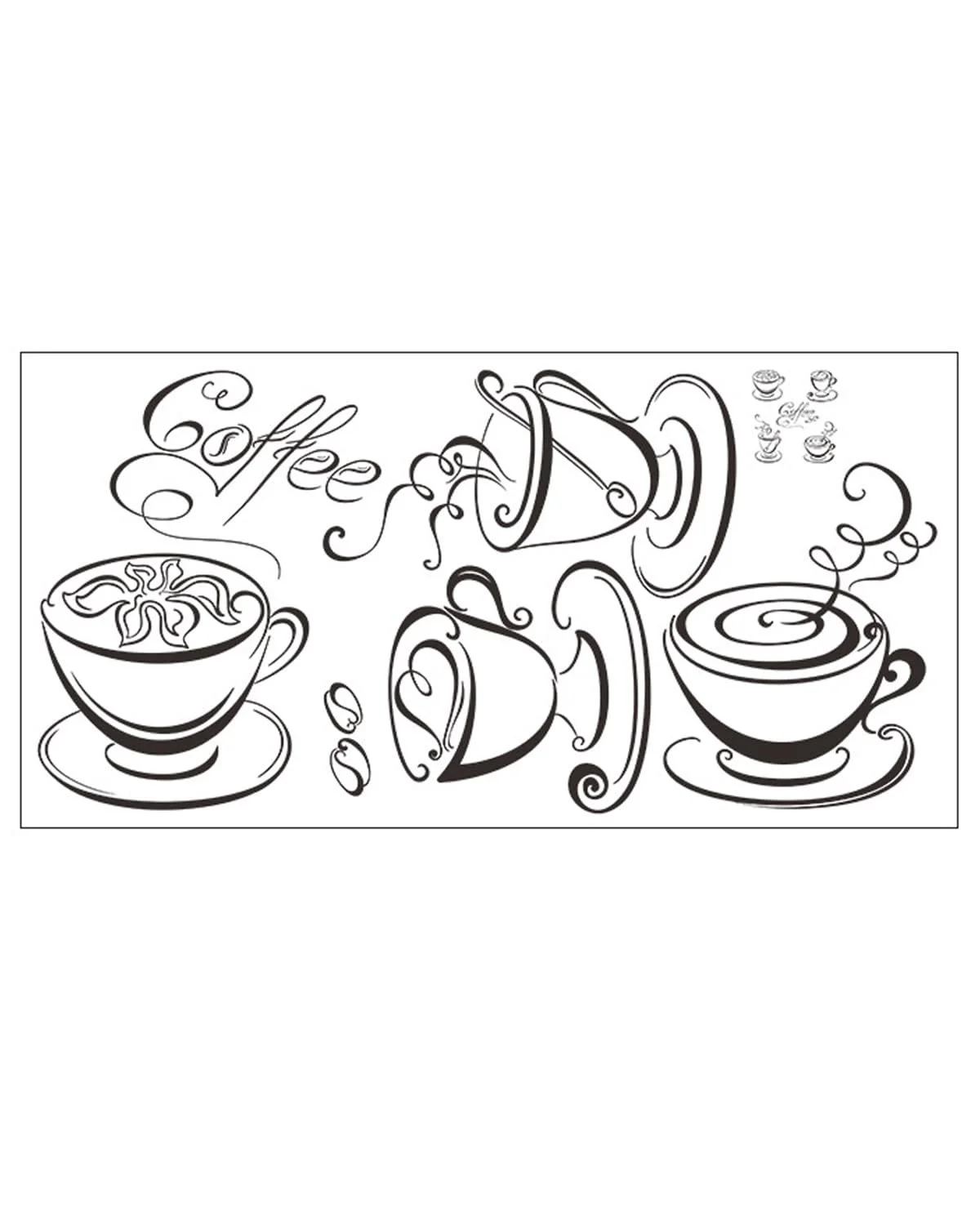 Наклейка для декору стін Кухонна Чашки та зерна кави чорна, фото №1 Наклейка для декору стін Кухонна Чашки та зерна кави чорна, фото №1