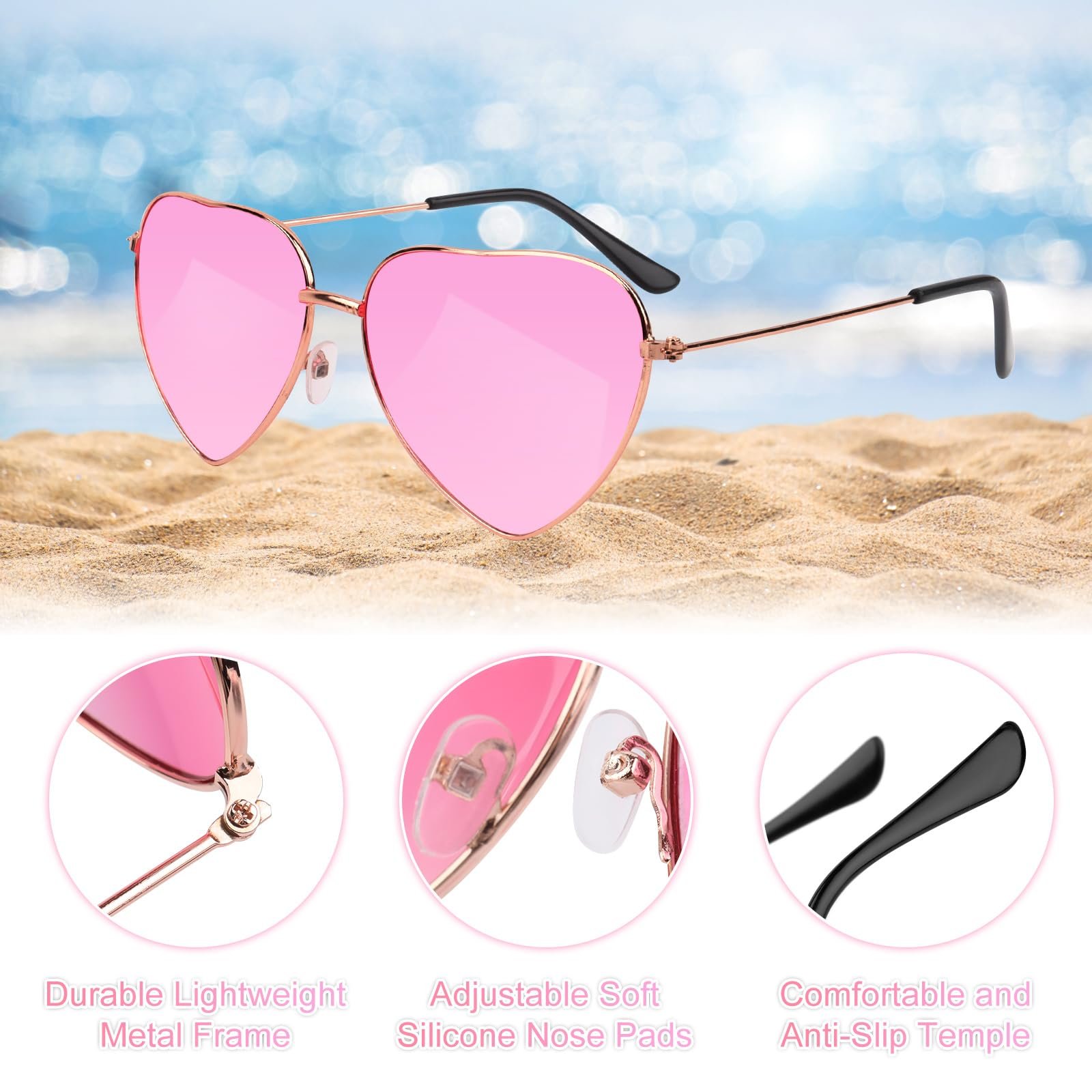 Солнцезащитные очки RISVOWO в форме сердца, металлическая оправа, ретро, ​​розовые, 4 пары., фото №3