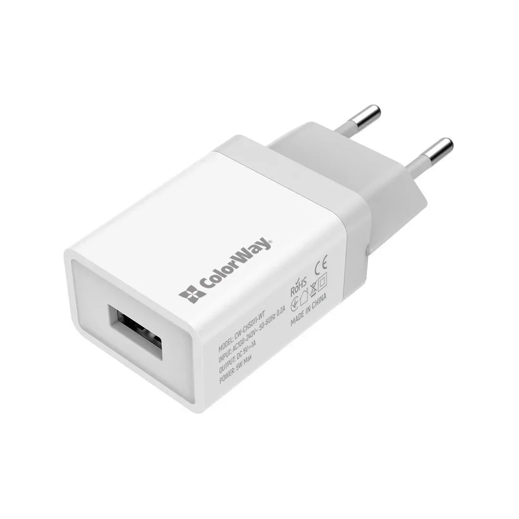 Зарядное устройство ColorWay 1USB 1A (CW-CHS011-WT), фото №1