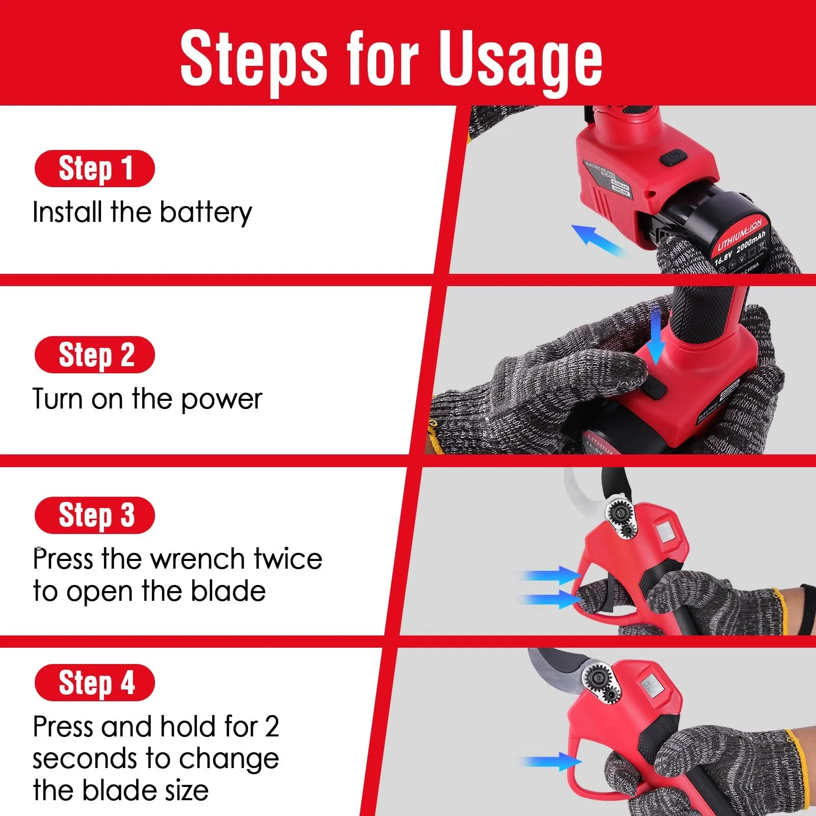 Акумуляторні сучкорізи 35 мм Електричні секатори: Електричний сучкоріз з РК-дисплеєм, Електричні садові ножиці з акумулятором 2 x 2000 мАг, для саду, парку, винограднику, оливкового дерева (червоний), фото №6