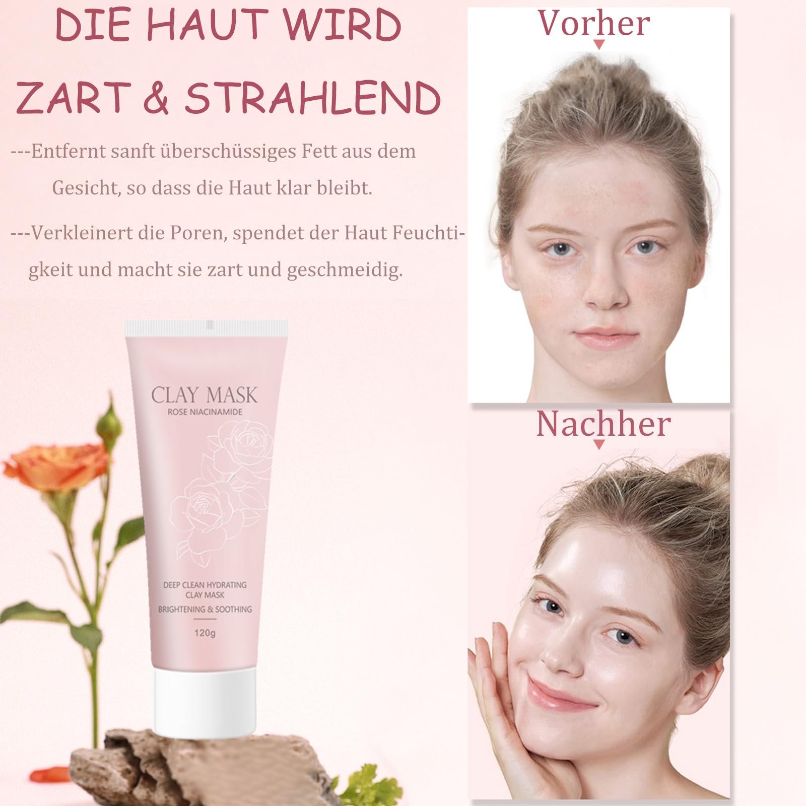 Маска для лица Soleneva для глубокого очищения с ниацинамидом и розой, глиняная маска для ухода за кожей, маска для лица для женщин для сужения пор, увлажняющая маска для всех типов кожи, глиняная маска, фото №6