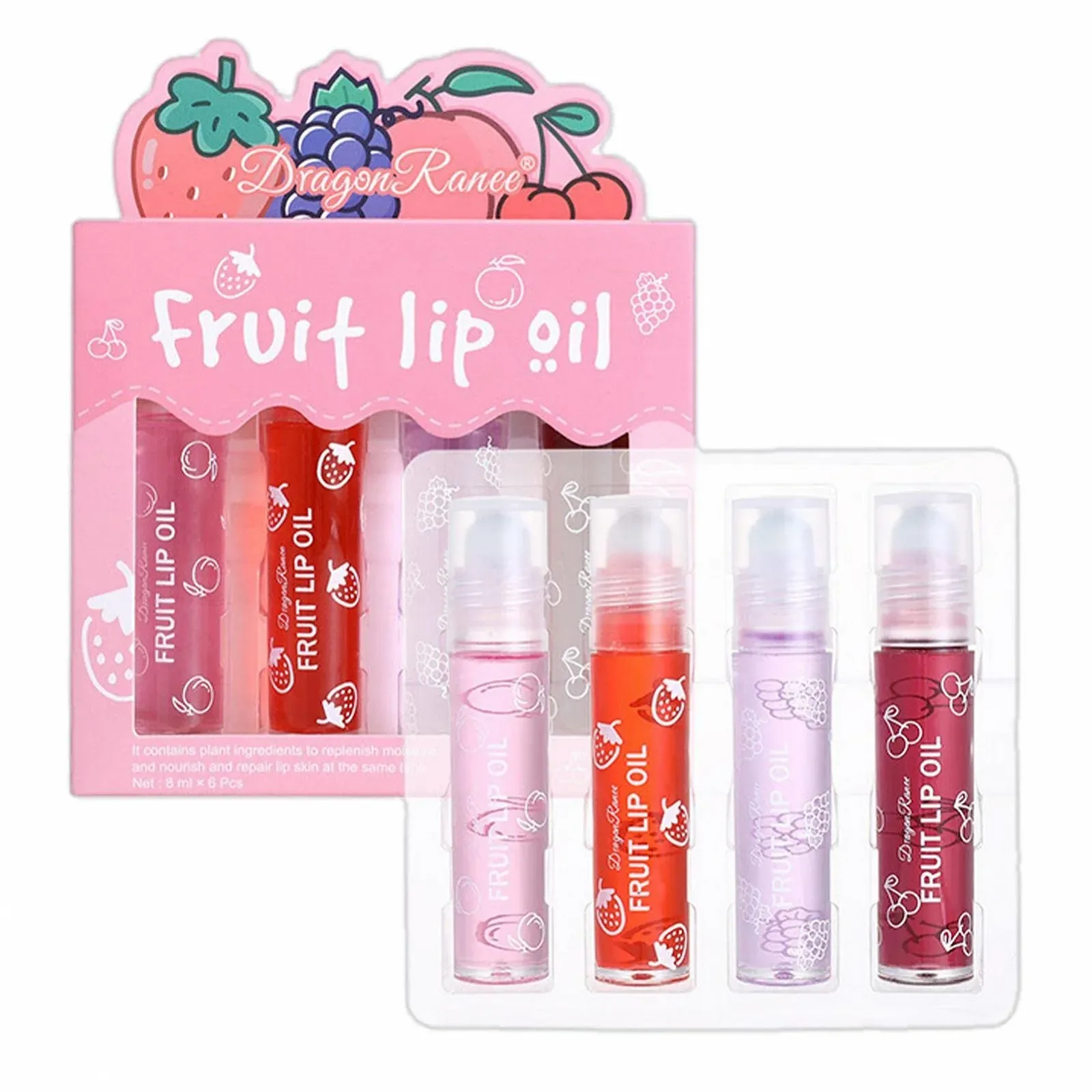 Масло для губ, увлажняющее масло для губ для девочек, набор масел для губ Rolling со вкусом свежих фруктов, увлажняющий бальзам для губ, набор роликовых блесков для губ, прозрачный блеск для губ, фото №1