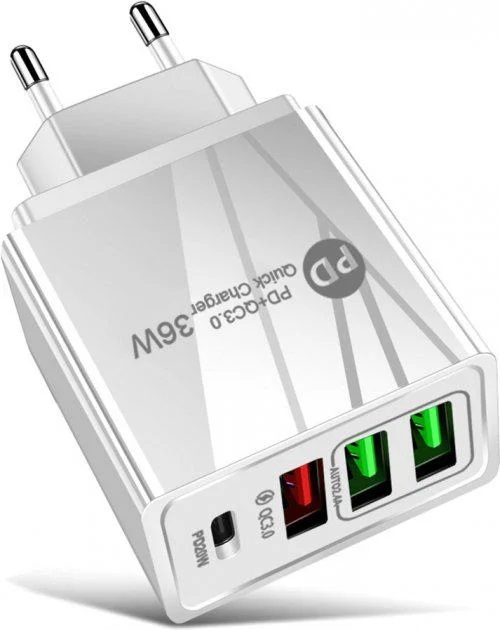 Зарядное устройство сетевое Xiamen 3 USB Type-C Super Charge/Quick Charge 36W White 050562, фото №1