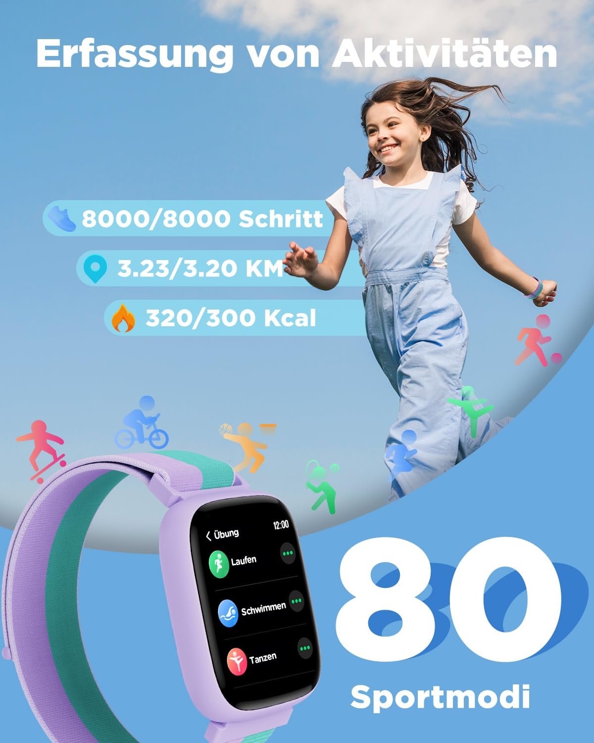 Смарт-годинник BIGGERFIVE BRAVE 2, 1.8 дюйма, фітнес-браслет, крокомір, пульсометр 24/7, IP68, водонепроникний, монітор сну, будильник, 5 розвиваючих ігор, для дівчат та підлітків 5-16 років, нейлон, фото №3