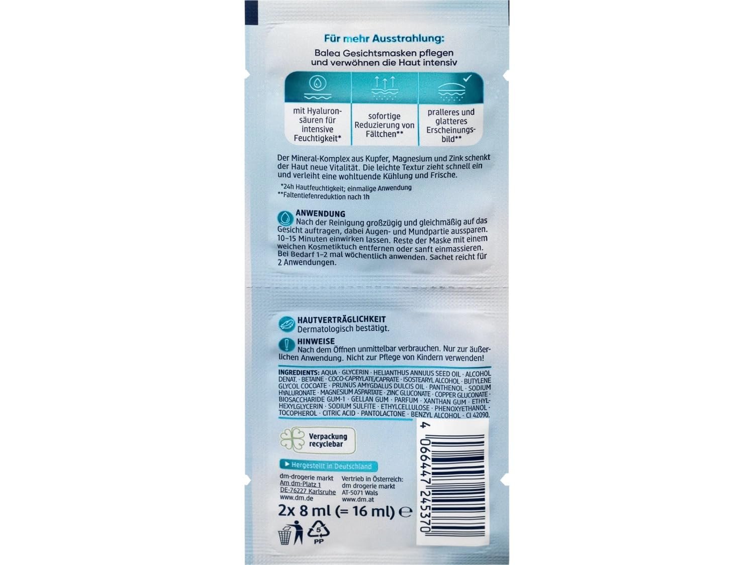 Набір масок Balea з 16 масок, набір зразків 8 різних масок для обличчя, гіалурон, вітамін C, фото №8