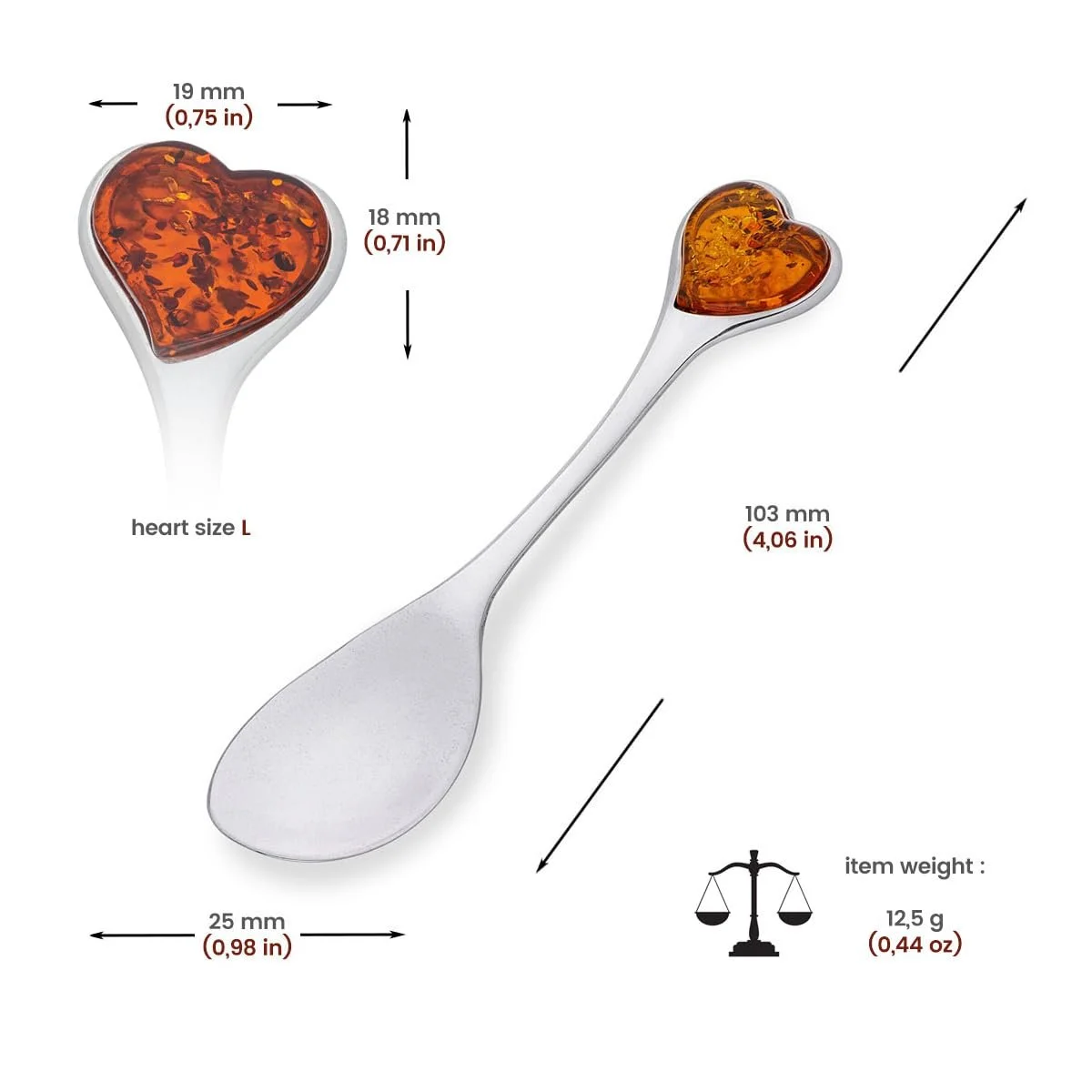 Ложка Сувенірна Good Luck Срібло 925 проби Серце з бурштину L Коньячний колір, фото №2