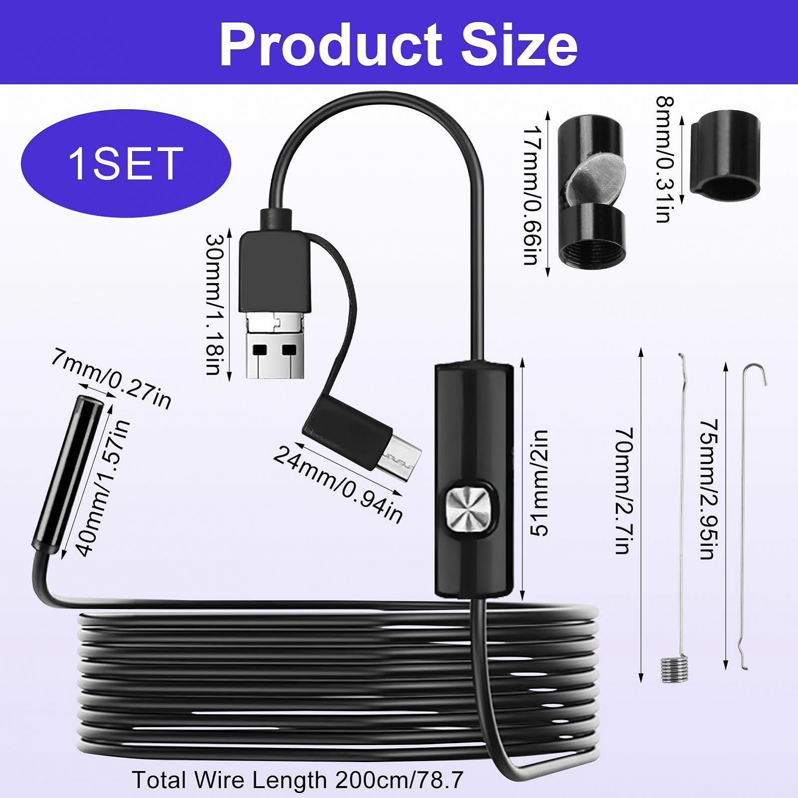 Эндоскоп 3 в 1 Инспекционная камера 7мм USB эндоскоп с 6 LED фонарями IP67 водонепроницаемый гибкий жесткий змеевик для раковины трубы и стока совместим с Android и компьютером 2м, фото №5
