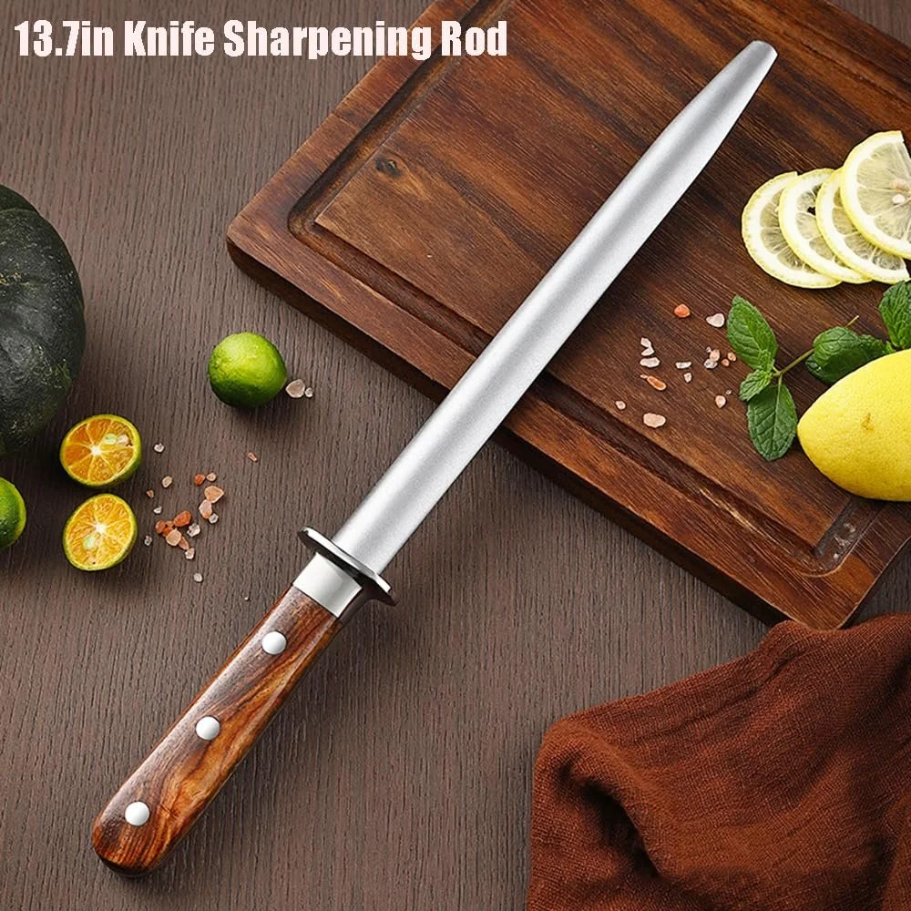 Мусат для ножів 13,7 дюйма вуглецева сталь ручка з грушевого дерева з металевим захистом у подарунковій коробці, фото №2 Мусат для ножів 13,7 дюйма вуглецева сталь ручка з грушевого дерева з металевим захистом у подарунковій коробці, фото №2