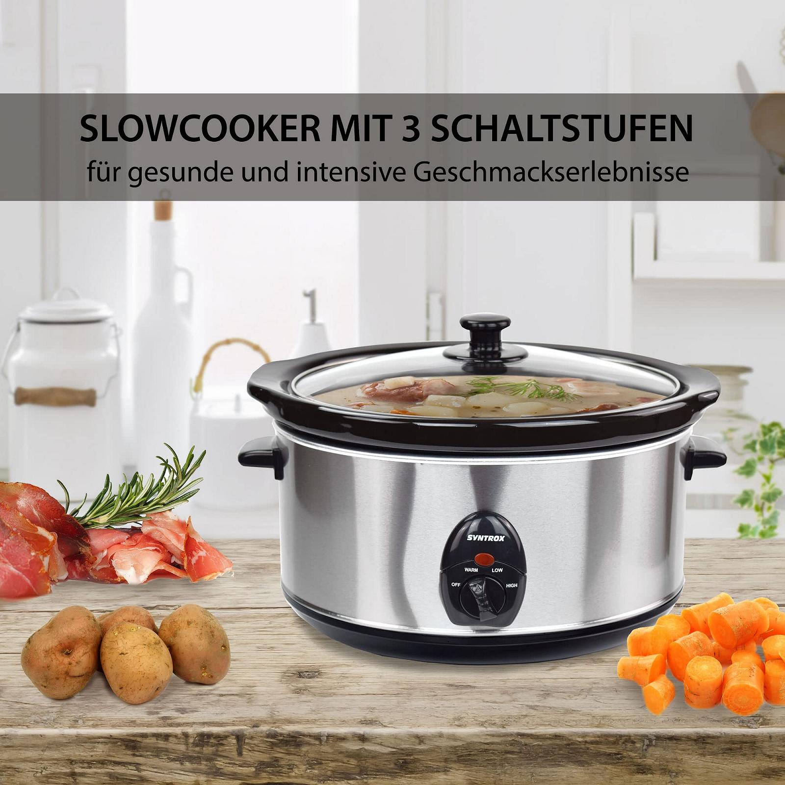 Мультиварка Syntrox Germany Slow Chef SC-450M_Deli 4,5 Літра з функцією підігріву, скляна кришка та міцна керамічна чаша - 280 Ват, Нержавіюча сталь, фото №6