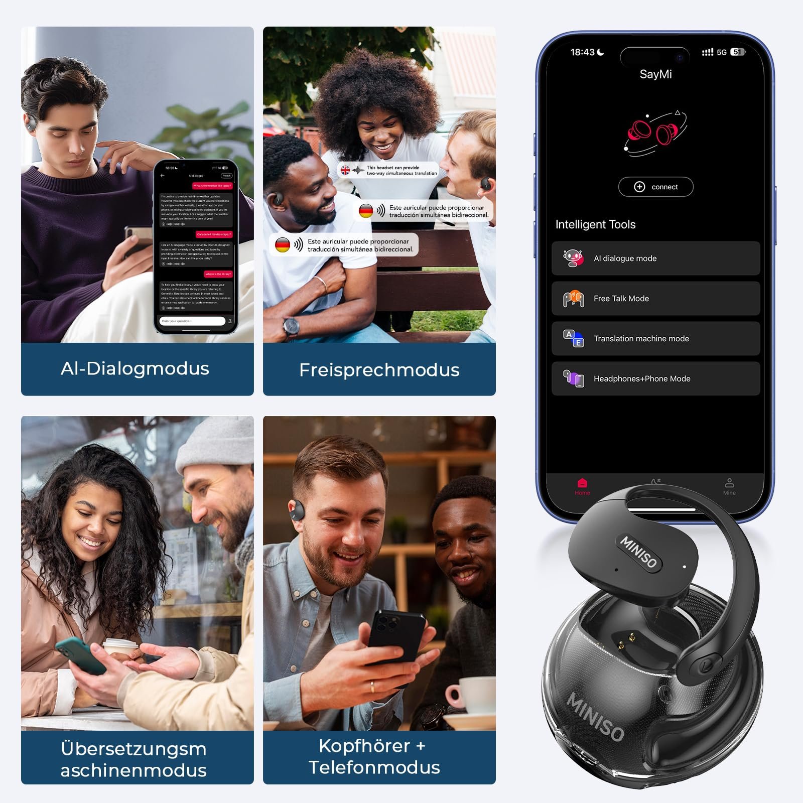 Наушники-переводчик MINISO X15 PRO AI, 3-в-1, 148 языков с приложением, KI, Bluetooth 5.4 для обучения, путешествий, фото №4 Наушники-переводчик MINISO X15 PRO AI, 3-в-1, 148 языков с приложением, KI, Bluetooth 5.4 для обучения, путешествий, фото №4