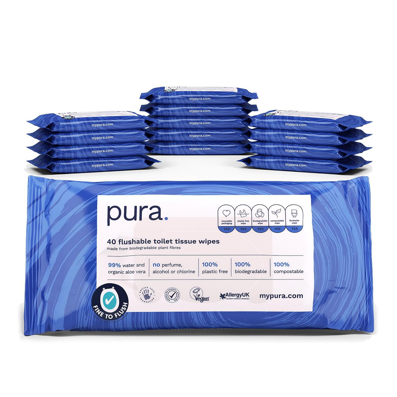 Влажные салфетки Pura Eco Flushable, 560 штук (14 x 40 штук), месячная упаковка, без пластика, 99% воды, для чувствительной кожи, фото №1