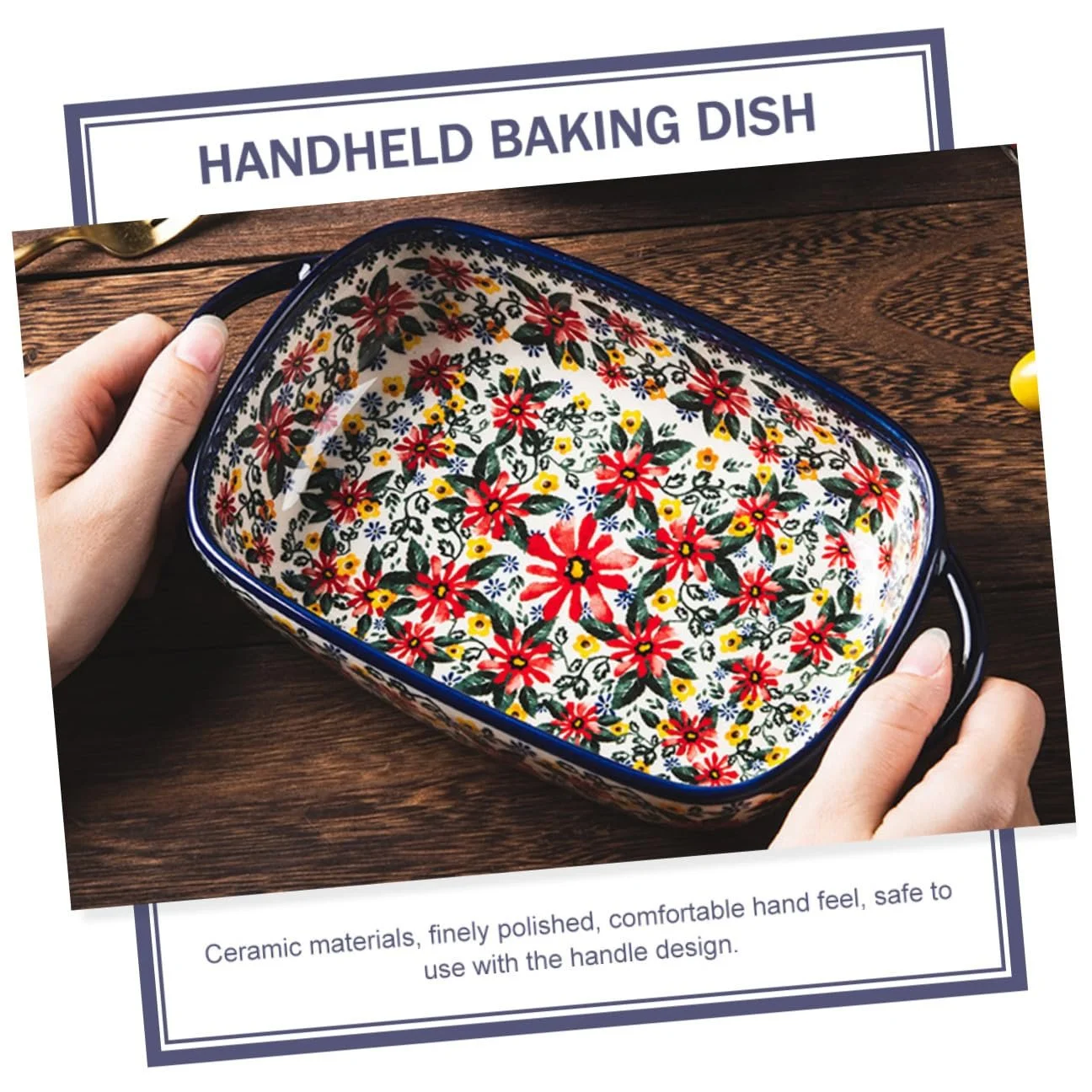 Форма для запекания керамическая прямоугольная с двойными ручками и цветочным узором, фото №9