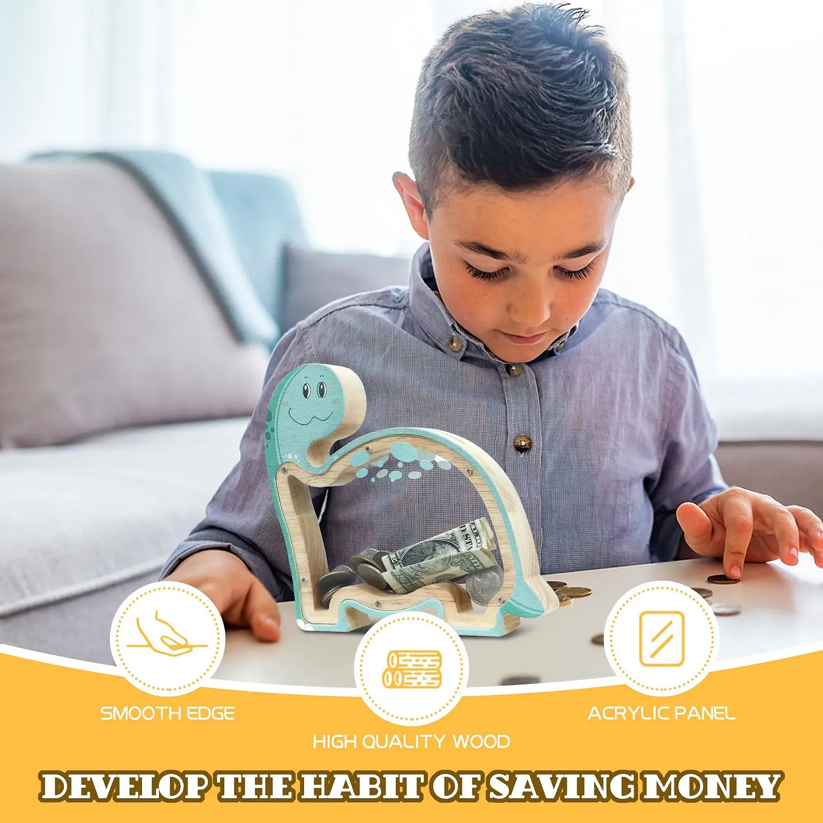 Скарбничка дерев'яна Brachiosaurus у формі динозавра з наклейками прозора, фото №4