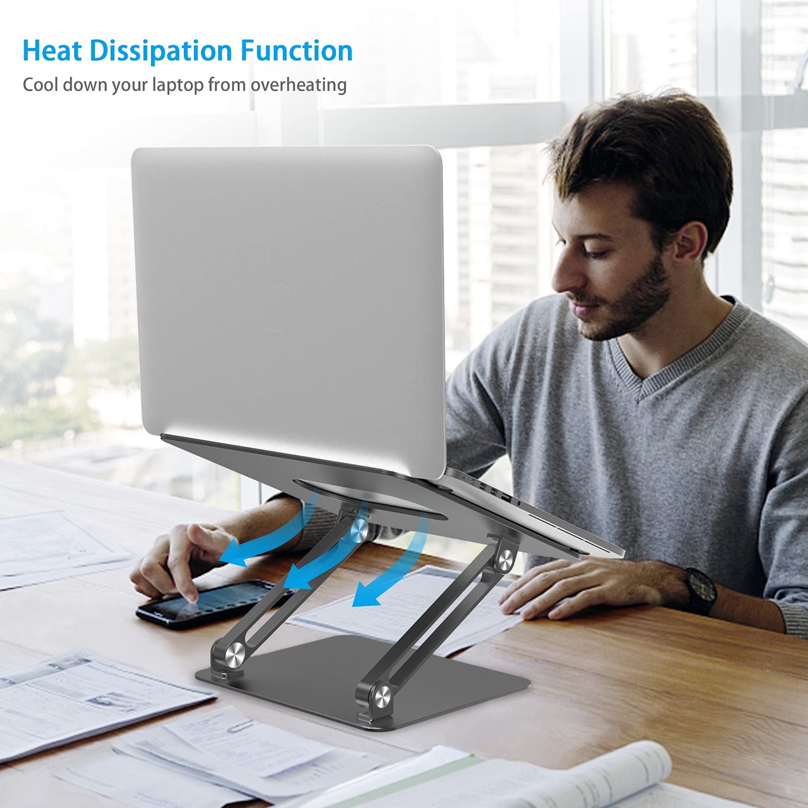 Подставка для ноутбука BoYata, регулируемая, алюминиевая, совместима с ноутбуками (10-17 дюймов), MacBook Pro/Air, Surface, Samsung, HP, серая, фото №4