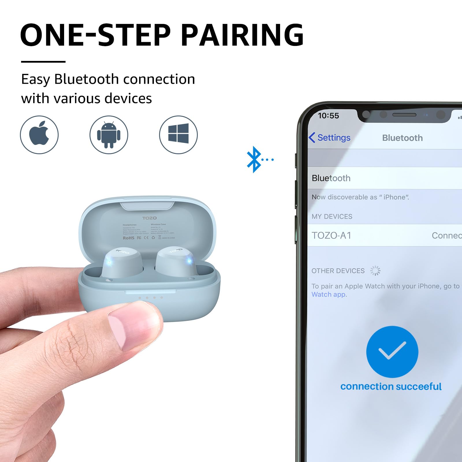 Наушники TOZO A1 Mini Bluetooth 5.3 Беспроводные Вставные Синий, фото №5