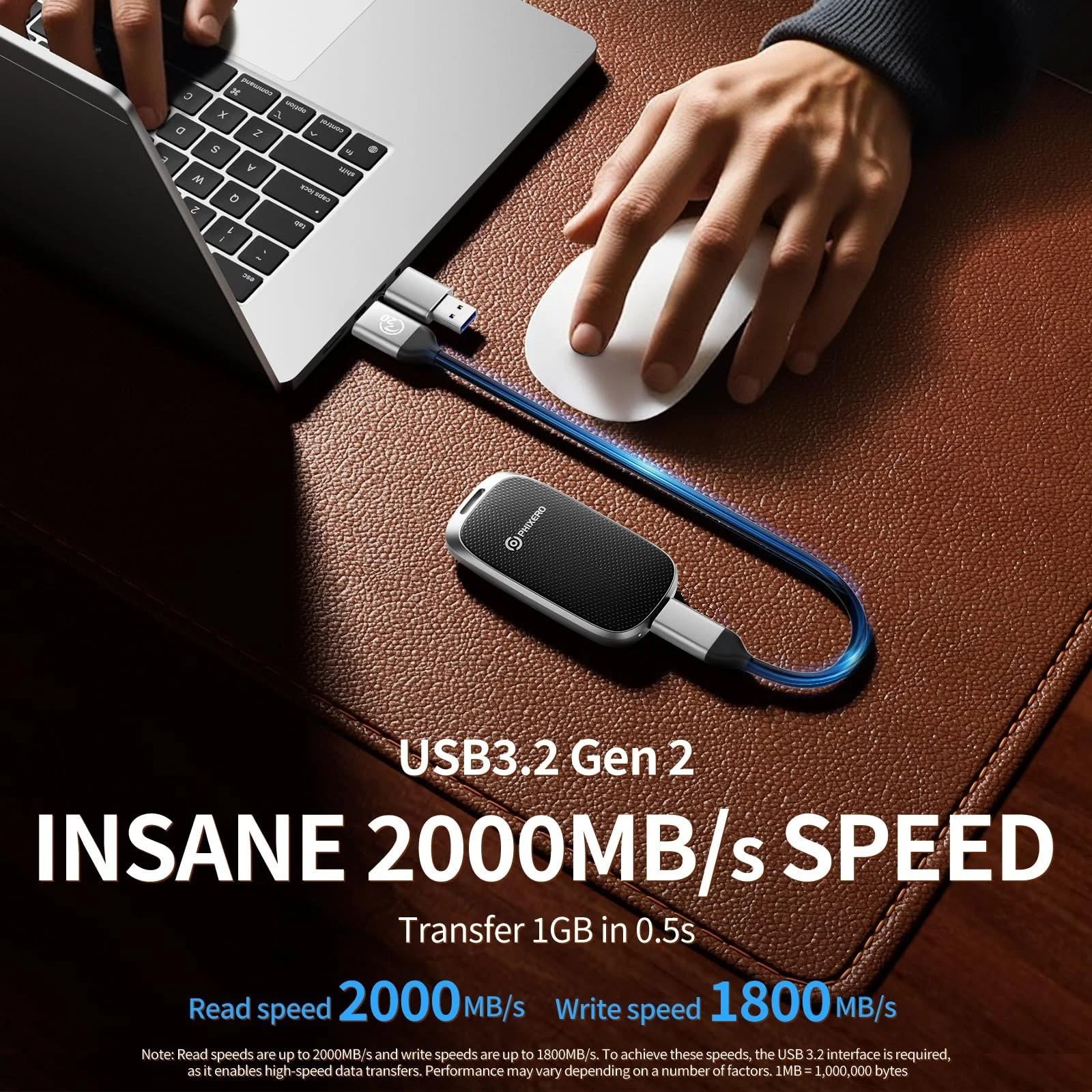 SSD PHIXERO P20 1TB Портативний USB 3.2 Gen 2X2 USB C Чорний, фото №2