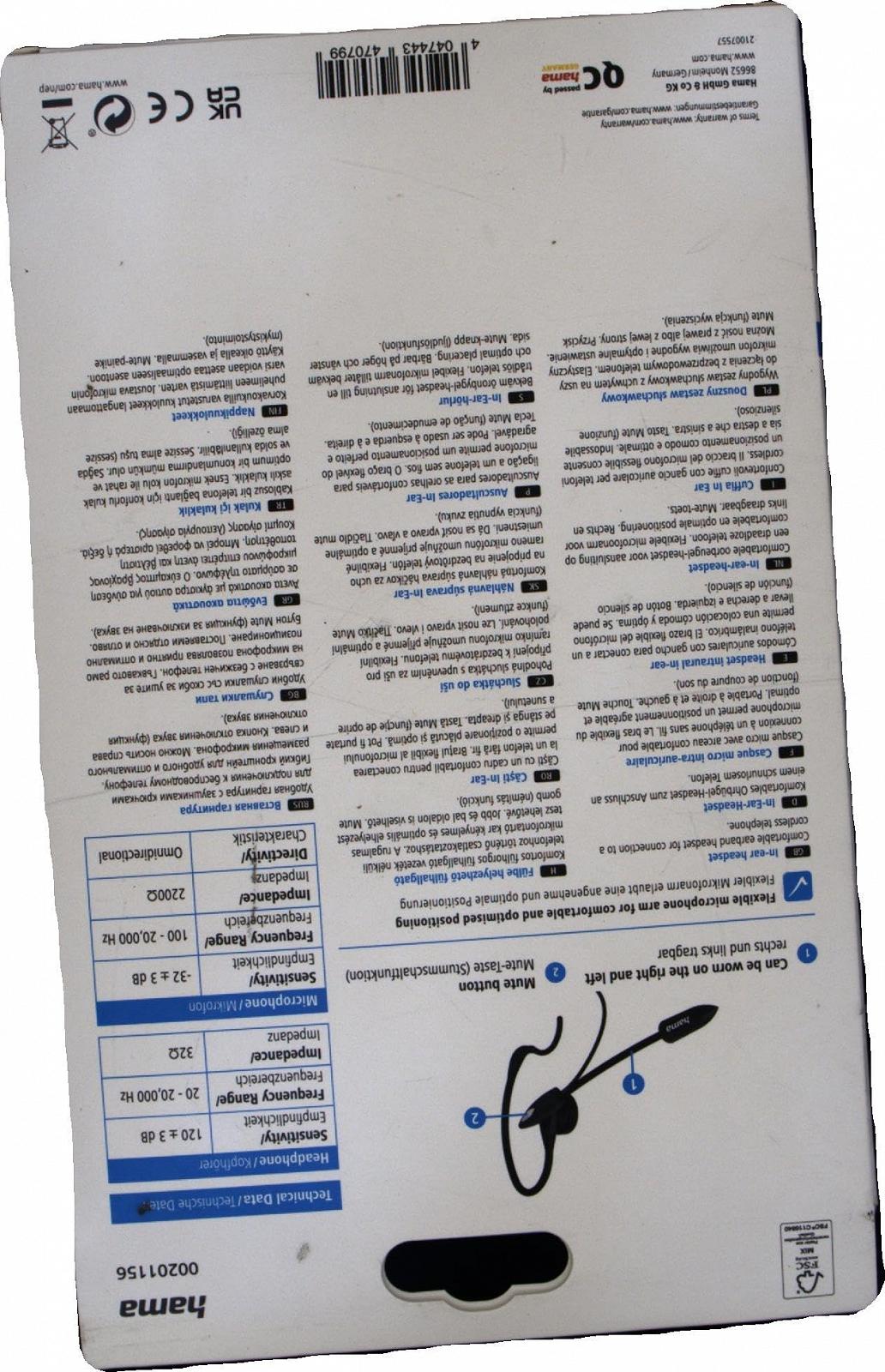 Гарнітура Hama In-Ear з мікрофоном для бездротових телефонів (2.5 мм роз'єм, дротова гарнітура, вкладиші з мікрофоном, моно, на одне вухо), з вушною петлею, вимикачем звуку, кліпсою) Чорний, фото №2