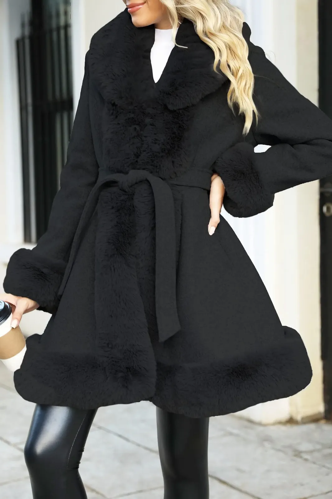 Пальто Giolshon Довге Жіноче Зі Штучної Шкіри та Вовни з Поясом, фото №5