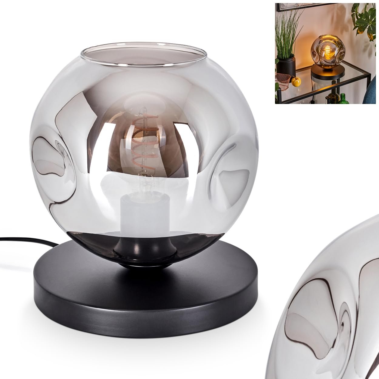 Настільна лампа Ripoll Метал/Скло Ретро/Вінтаж Ø 20 см Перемикач на кабелі 1 x E27 Без лампи Чорний/Димчастий, фото №1