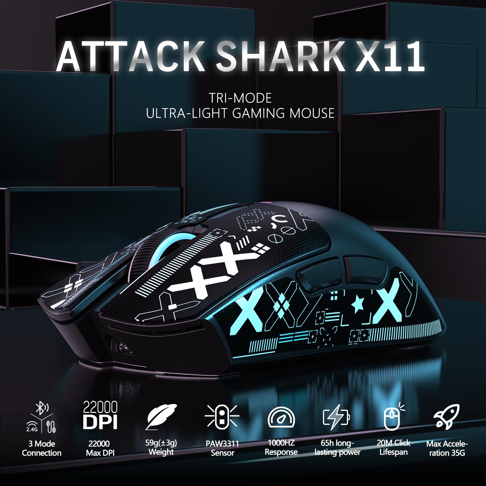 Мышь Беспроводная Игровая Attack Shark X11 с RGB Подставкой для Магнитной Зарядки, Сенсор PixArt PAW3311, Сверхлегкая 59г, Три режима, 22K DPI - Черный и лента, фото №2