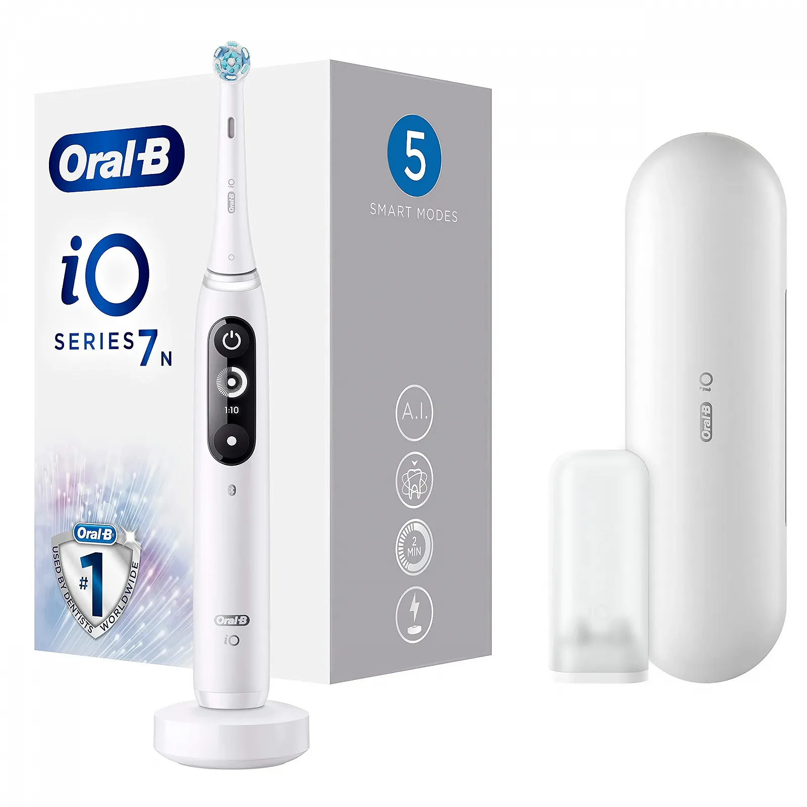 Электрическая зубная щетка Braun Oral-B iO 7n магнитная технология дисплей 1 насадка дорожный футляр Черно-белая, фото №1