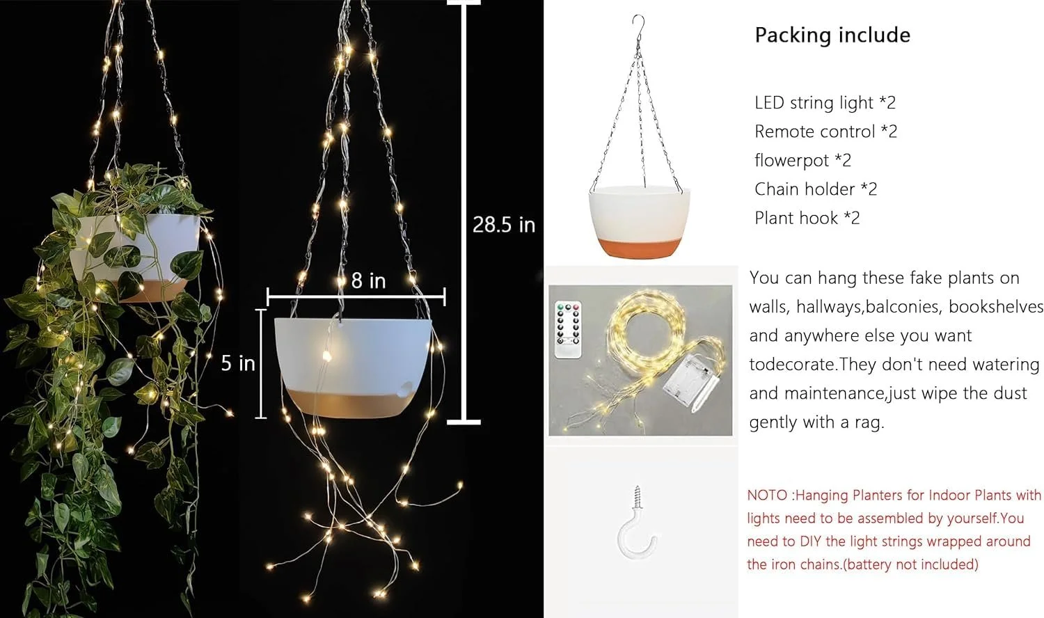 Підвісний горщик для квітів з підсвічуванням набір з 2 шт., фото №2