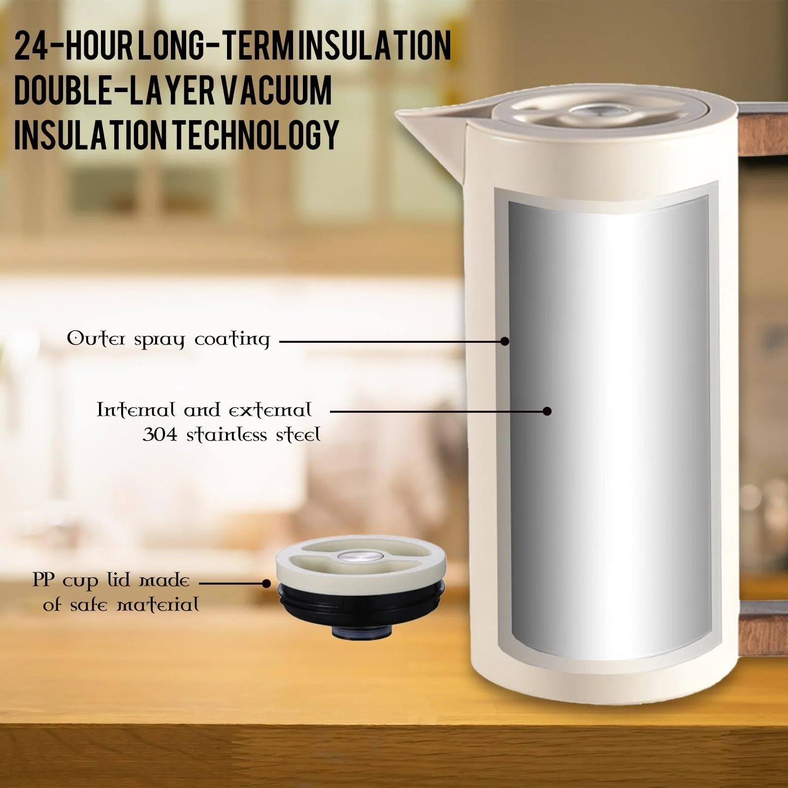 Термос Кавник з нержавіючої сталі з вакуумною ізоляцією, дерев'яною ручкою та простою кнопкою безпеки, 0.6 л, фото №5