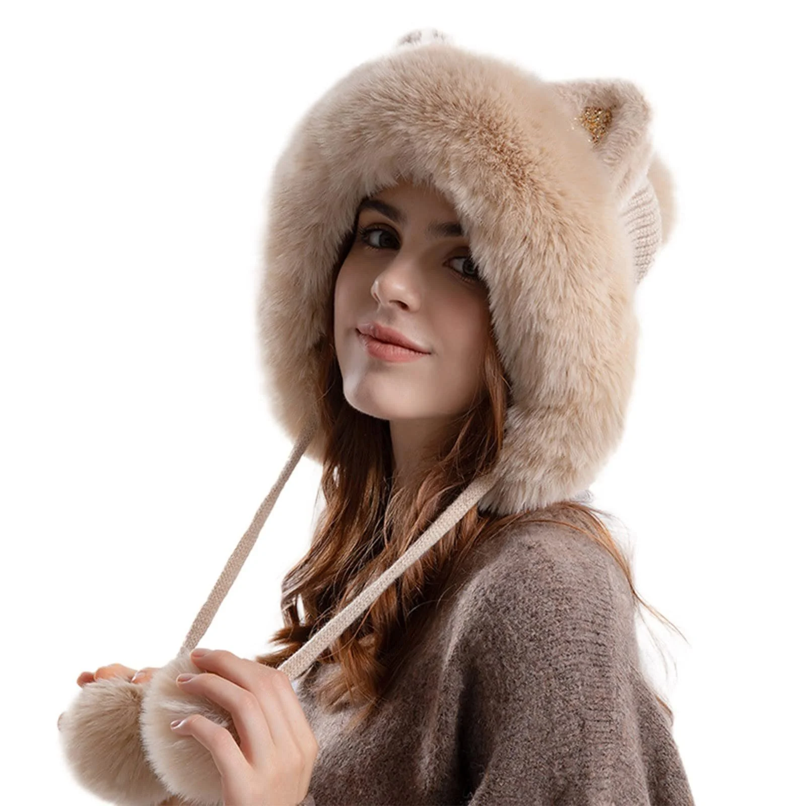 Мила зимова шапка Вязана шапка з вовни з потовщенням, помпонами, фото №1