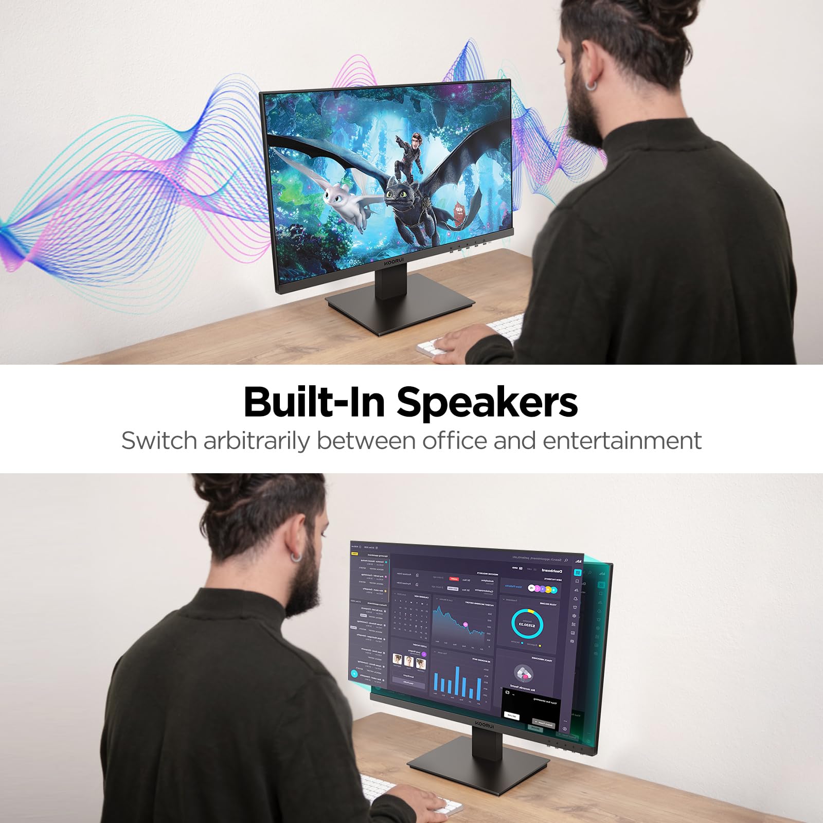 Монитор KOORUI 24 дюйма с динамиками IPS ПК Монитор Безрамочный FHD 1080P HDMI 1.4 (100Hz) & VGA (60Hz) VESA 75 x 75 мм Adaptive Sync Защита зрения, фото №3