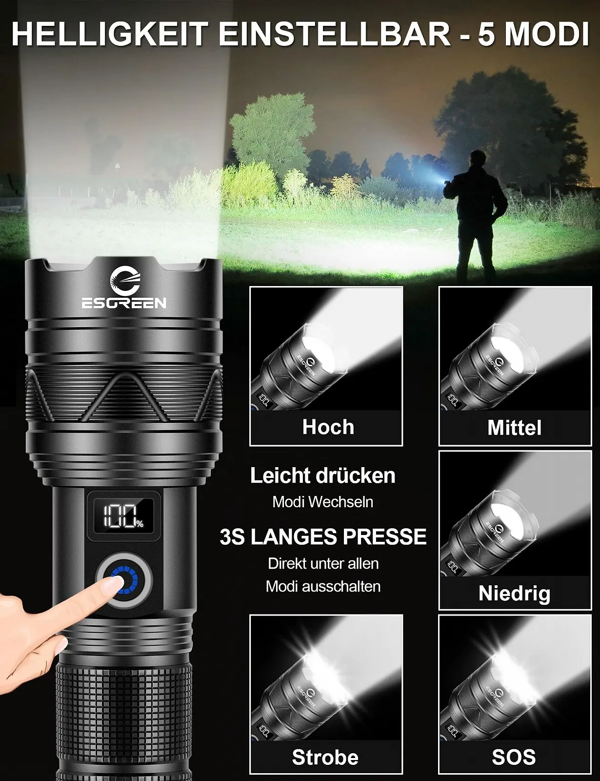 LED Ліхтар ESGREEN ED0330 1000000 Люмен, USB C Перезаряджуваний, Тактичний, Зум, 5 Режимів, фото №5