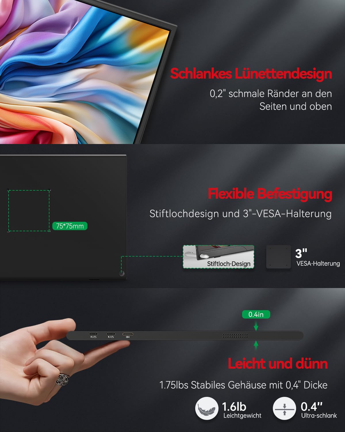 Монітор Intehill Portable P15NA 15.6 дюймів 1920x1080 FHD матовий HDMI/Type-C/USB-C, фото №3