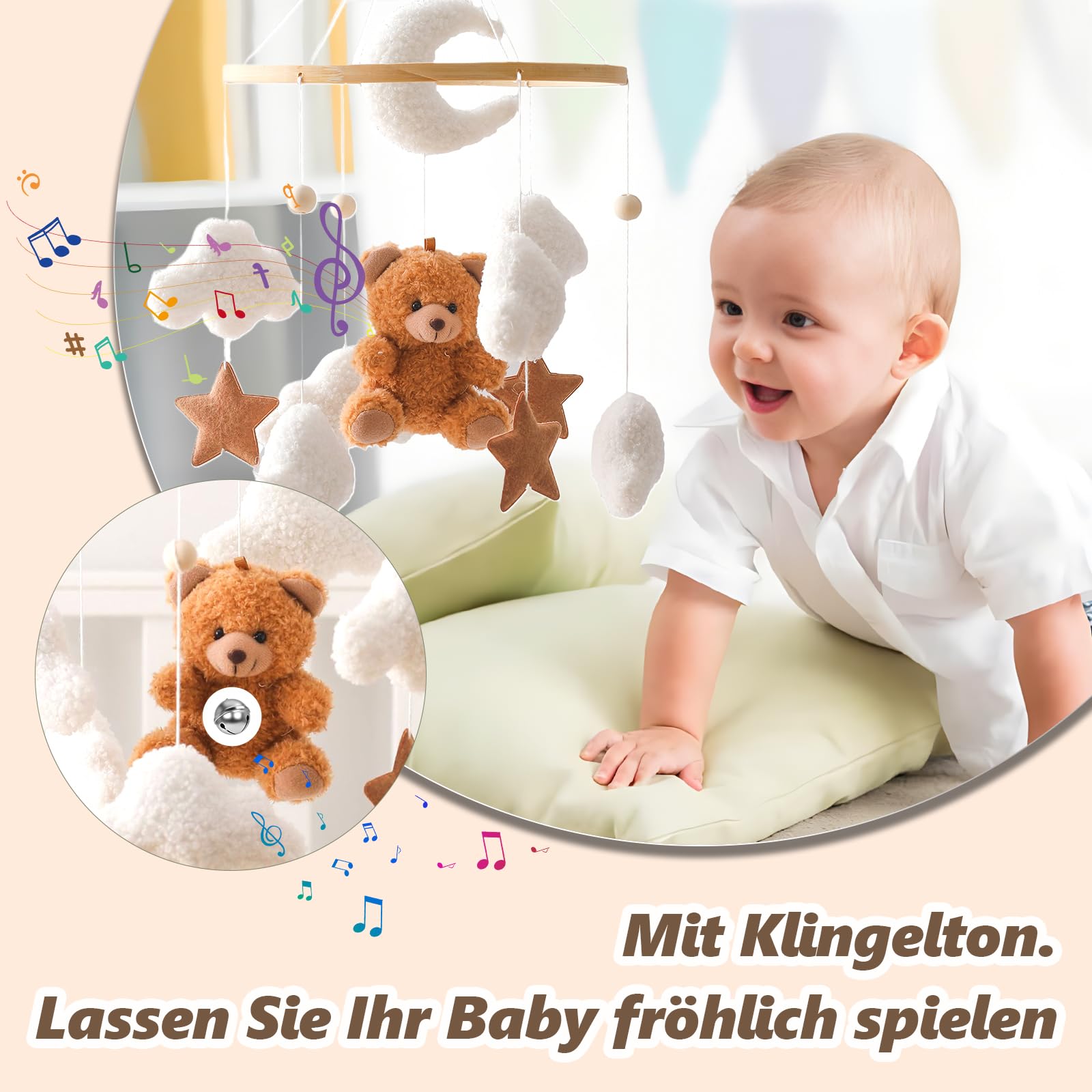 Мобіль Baby Bed Bell з ведмежам дерев'яний для дівчаток вішаний мобіль Вітрозвучка для дитячого ліжечка (коричневий), фото №6