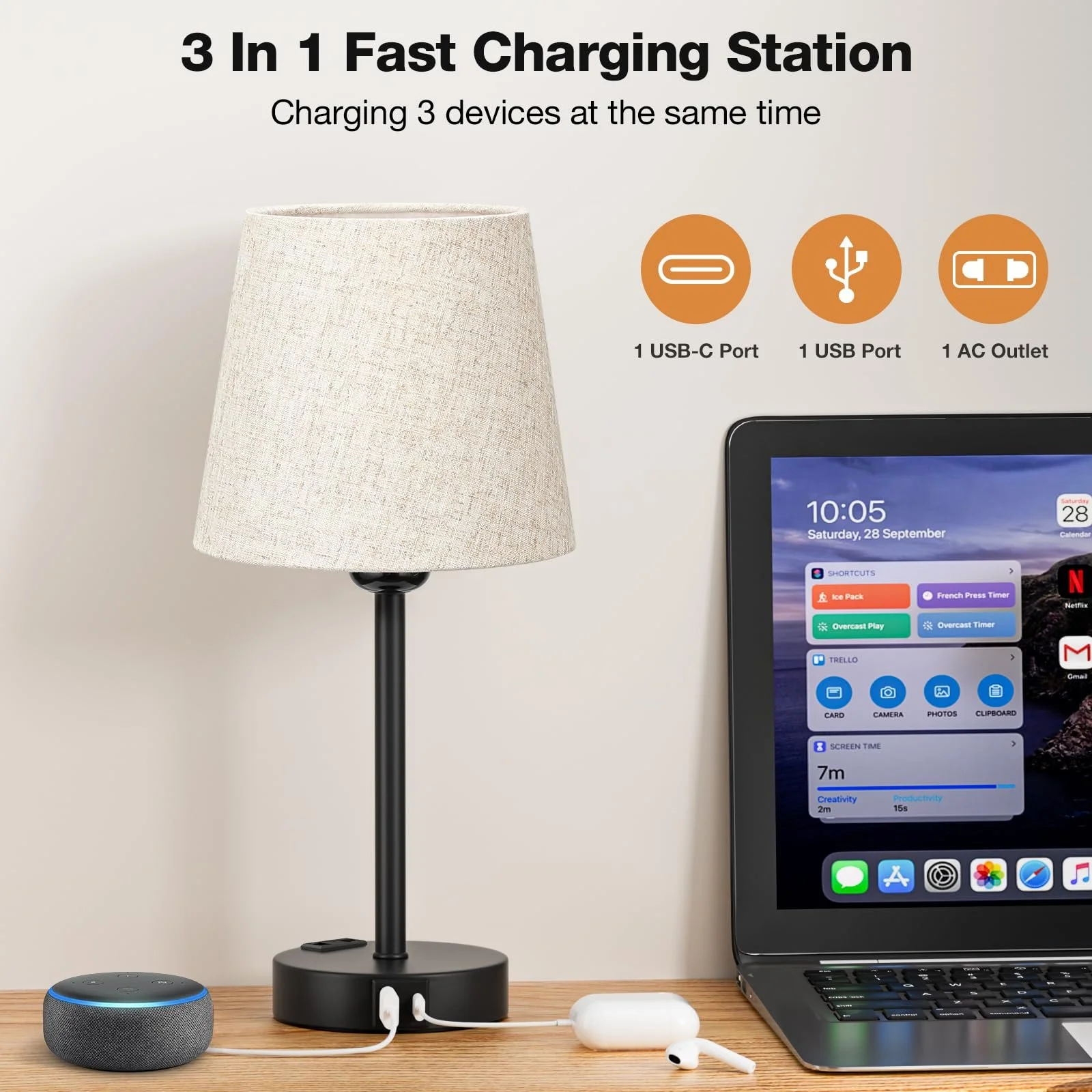 Настільна лампа Kakanuo Набір з 2 шт. Сенсорна USB A+C LED Бежевий, фото №9